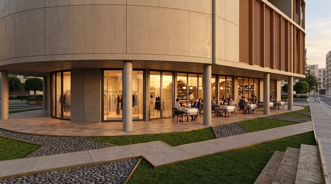 An incredibly lifelike, richly detailed, photorealistic eye-level architectural shot of the ground-floor commercial plaza of a modern apartment complex set in a vibrant urban neighborhood. The scene is illuminated by the soft, golden light of a summer sunset, creating a warm, inviting, and sophisticated minimalist atmosphere. Captured with a professional 35mm architectural tilt-shift lens, emphasizing the rich interplay between smooth exposed concrete surfaces, warm teak wooden lattice louvers (celosías), square ceramic tile paneling, and subtle brushed gold metal trim accents. Beneath the curving upper floor supported by sleek cylindrical columns, a bustling ground level houses chic retail shops and an upscale restaurant. Floor-to-ceiling glass display windows glow with inviting interior lights, casting golden reflections across the dark stone-paved promenade. Elegant outdoor dining tables are arranged along the walkway, where well-dressed people sit enjoying drinks and conversation in the warm twilight air. Crisp geometric grass patches and neatly paved sidewalks flank the street level, framing this refined architectural haven without any greenery on the building itself.
