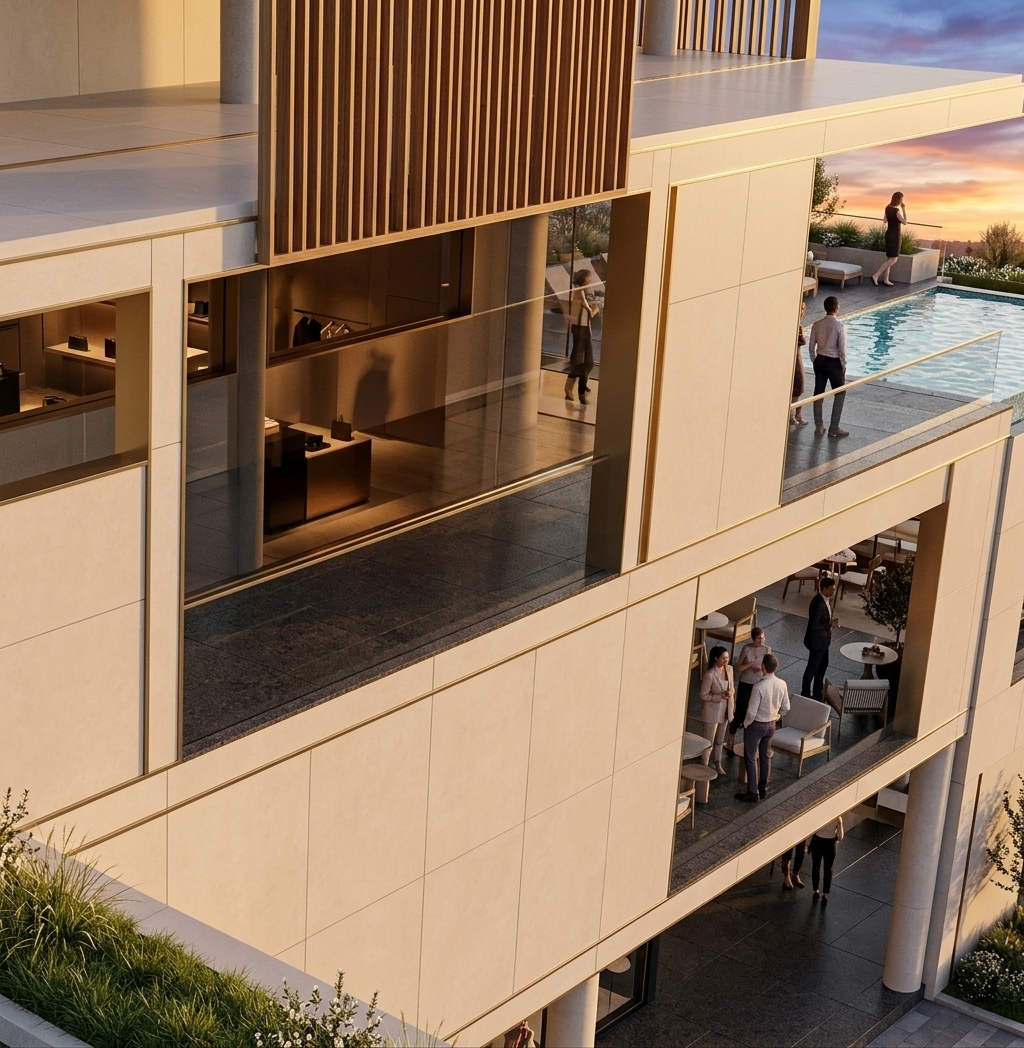 An incredibly lifelike, richly detailed, photorealistic eye-level architectural photo of a modern apartment complex's ground-floor commercial promenade and luxury outdoor pool deck set in a vibrant urban spring setting. The scene is illuminated by the low, radiant golden light of a spectacular sunset, casting soft elongated shadows and creating a warm, elegant, and minimalist atmosphere. Captured with a 35mm tilt-shift lens, emphasizing the fine textures of the pale beige ceramic facade tiles, vertical warm-toned wood latticework louvers, and polished brushed-gold metallic accents that trim the large glass windows and structural seams. Below the cantilevered upper floors—supported by sleek, smooth white cylindrical columns—the open-air ground level houses bustling boutique shops and high-end cafes with warm interior illumination shining through crystal-clear glass storefronts. Elegant dark granite pavers extend from under the building towards a crystal-clear outdoor swimming pool that mirrors the brilliant hues of the evening sky. Well-dressed people are scattered throughout the plaza, seated at contemporary outdoor dining tables, enjoying cocktails and conversing in the balmy evening air, while manicured ground-level lawns and minimalist perimeter landscaping complete this luxurious spring retreat.