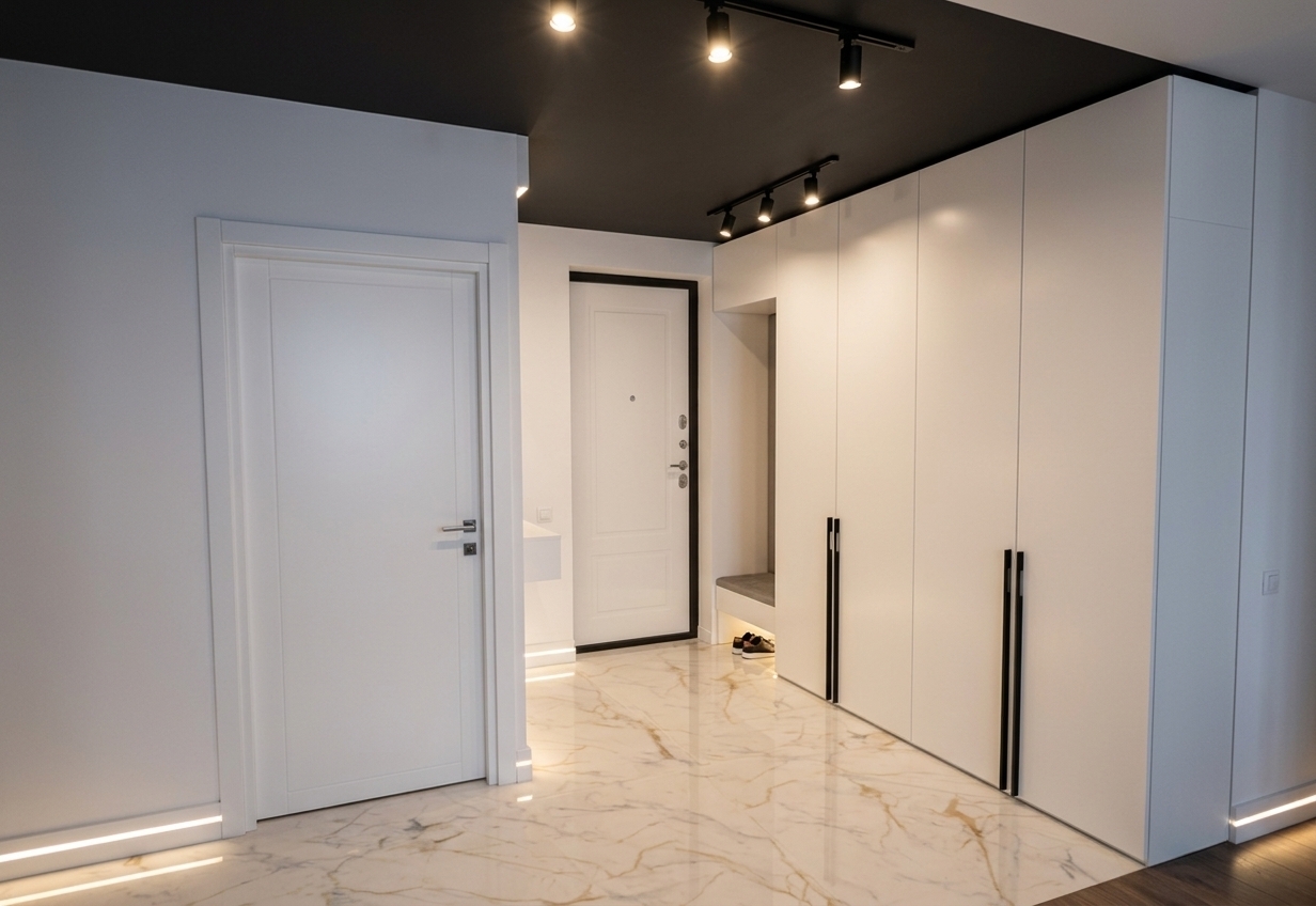 An incredibly lifelike, richly detailed, photorealistic interior photo of a modern luxury entryway leading into a high-end living space, set in a chic urban residence on a quiet spring night. The scene is illuminated by dramatic overhead black track lights and warm ambient glowing LED lights recessed along the baseboards, creating a moody, Art Deco glamour atmosphere. Captured with a 24mm architectural wide-angle lens, emphasizing the gleaming polished textures, contrast of dark and light tones, and elegant linear proportions... 

The space features floor-to-ceiling built-in wardrobe cabinets finished in a pristine satin white lacquer, contrasted by bold, full-length vertical black handles. A tailored seating bench is recessed seamlessly into the white cabinetry for convenient utility. Below, opulent Calacatta marble flooring with subtle golden veining glimmers in the soft perimeter baseboard illumination. A bold, deep charcoal ceiling anchors the room above, complementing the minimalist interior doors framed by crisp white casings. The artful combination of moody ambient lighting, rich marble textures, and sleek geometric lines brings an effortless, sophisticated luxury to this stunning nighttime setting.