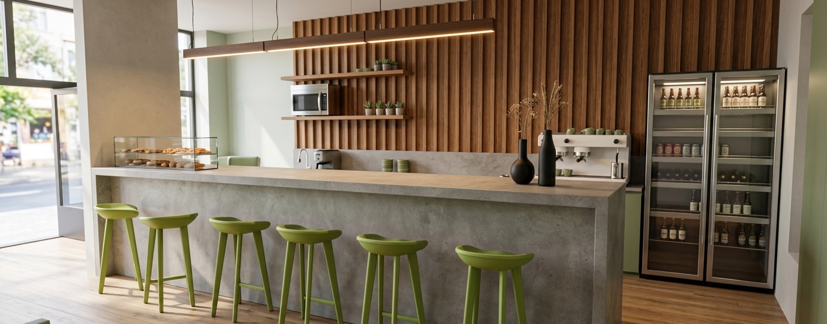 An incredibly lifelike, richly detailed, photorealistic interior photo of a modern fusion café bar set in a trendy summer midday coworking space. The scene is illuminated by brilliant, ambient natural sunlight paired with the warm, focused downward glow of a slender ceiling-hung linear LED pendant, creating an inviting, productive, and sophisticated atmosphere. Captured with a professional 35mm architectural lens, emphasizing the tactile raw microcement counter, rich natural grain of the vertical timber slats, and smooth matte finishes of the vibrant lime-green bar stools lined neatly along the perimeter. 

Atop the smooth, seamless concrete bar, a delicate glass pastry display casing freshly baked goods sits beside an elegant white espresso machine, paired with minimalist matte-black ceramic vases holding delicate dried botanical stalks. Behind the counter, dual floating timber shelves showcase a sleek stainless-steel microwave and small potted green succulents against a striking backdrop of vertical wood acoustic paneling. To the right, a sleek, double-door commercial display refrigerator glows subtly, casting soft reflections across its glass doors filled with neatly arranged craft beverages. The polished concrete floor and soft sage-green interior accents seamlessly unite the contemporary industrial aesthetic with warm organic textures.