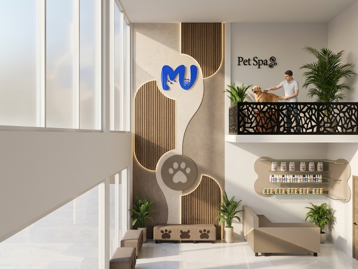 An architectural interior photograph of a modern, brightly lit veterinary clinic and pet spa reception, captured from a straight-on eye-level perspective with a wide-angle lens. The tall central feature wall is rendered in fine-grained matte quartz plaster, accented by sweeping curved sections of light beige and taupe vertical wooden fluted slats, backlit with warm integrated soft-glow LED strips. At the upper center, a three-dimensional bright blue acrylic logo softly glows against the textured wall, while a round taupe emblem featuring a paw print is embedded below. To the right, a reception counter constructed from matte beige and taupe geometric panels features subtle LED under-lighting along its chamfered edges, positioned beside a bone-shaped beige wall accent fitted with floating shelves displaying neatly arrayed photorealistic pet grooming bottles, spray canisters, and pet food cans illuminated by hidden under-shelf lights. Beneath the main wall, low wooden benches feature soft sage green upholstered seat cushions with green padded paw details, flanked by vibrant green potted indoor plants in smooth white ceramic planters. Overhead, a mezzanine level displays a black laser-cut metal guardrail with an intricate geometric pattern, housing a pet spa area with potted greenery. Natural daylight streams through high windows on the left, casting soft, realistic shadows across the polished white floor, revealing fine surface textures, subtle material reflections, and depth.