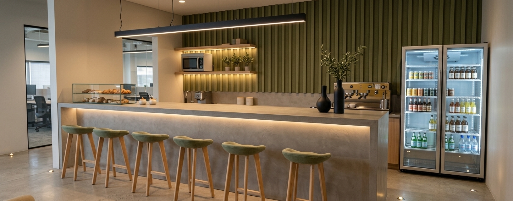 An incredibly lifelike, richly detailed, photorealistic wide-angle interior photo of a modern fusion cafe bar set in a sleek contemporary coworking space. The scene is illuminated by subtle overhead spotlights, a long minimalist black pendant light, and warm concealed LED strip lighting glowing beneath the floating timber shelves as well as under the recessed edge of the concrete counter bar, creating an inviting, sophisticated atmosphere. Captured with a 35mm architectural lens, emphasizing the tactile micro-cement finishes, smooth polished concrete flooring, olive-green vertical fluted acoustic wall paneling, light wood bar stools with sage cushions, and the high-contrast look of two elegant black ceramic vases sitting beside the professional espresso machine.