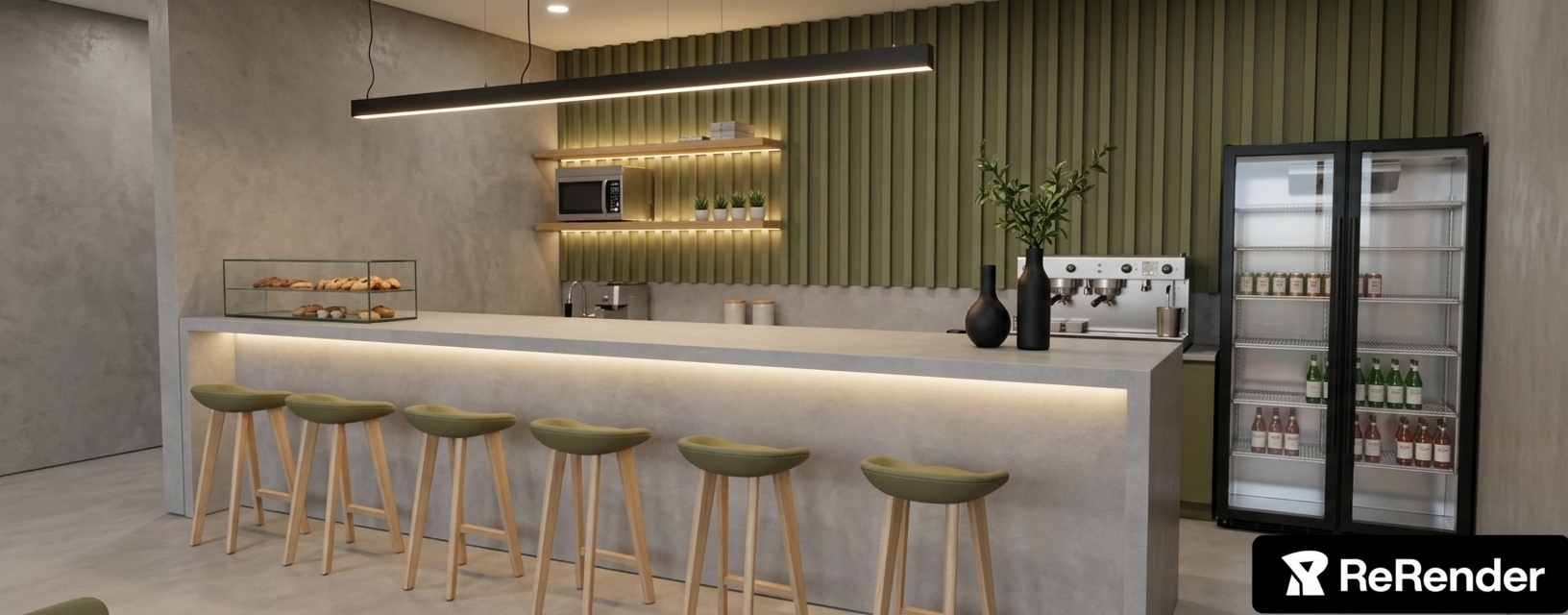 An incredibly lifelike, richly detailed, photorealistic eye-level interior photo of a sleek service bar set in a modern fusion coworking space. The scene is illuminated by ambient overhead light, a linear black LED pendant, subtle warm strip lighting concealed beneath the floating wooden shelves, and an inviting LED backlight running under the edge of the micro-cement counter lip, creating a warm, polished, and sophisticated atmosphere. Captured with a 24mm wide-angle architectural lens, emphasizing smooth concrete textures, olive-green ribbed acoustic wall paneling, and soft metallic reflections. 

A seamless light-gray concrete bar extends across the space, lined with six minimalist light-wood bar stools topped with olive-green cushioned seats. On the counter, a glass display case holds fresh pastry offerings on the left, while two elegant matte-black ceramic vases—one holding fresh green branches—stand on the right beside a professional stainless steel espresso machine. Behind the bar, two light oak floating shelves illuminated from below display small potted succulents and a microwave, set against vertical olive-green wall slats. To the right, a tall, black double-door commercial glass display refrigerator showcases neatly stocked beverages, completing this refined and modern environment.