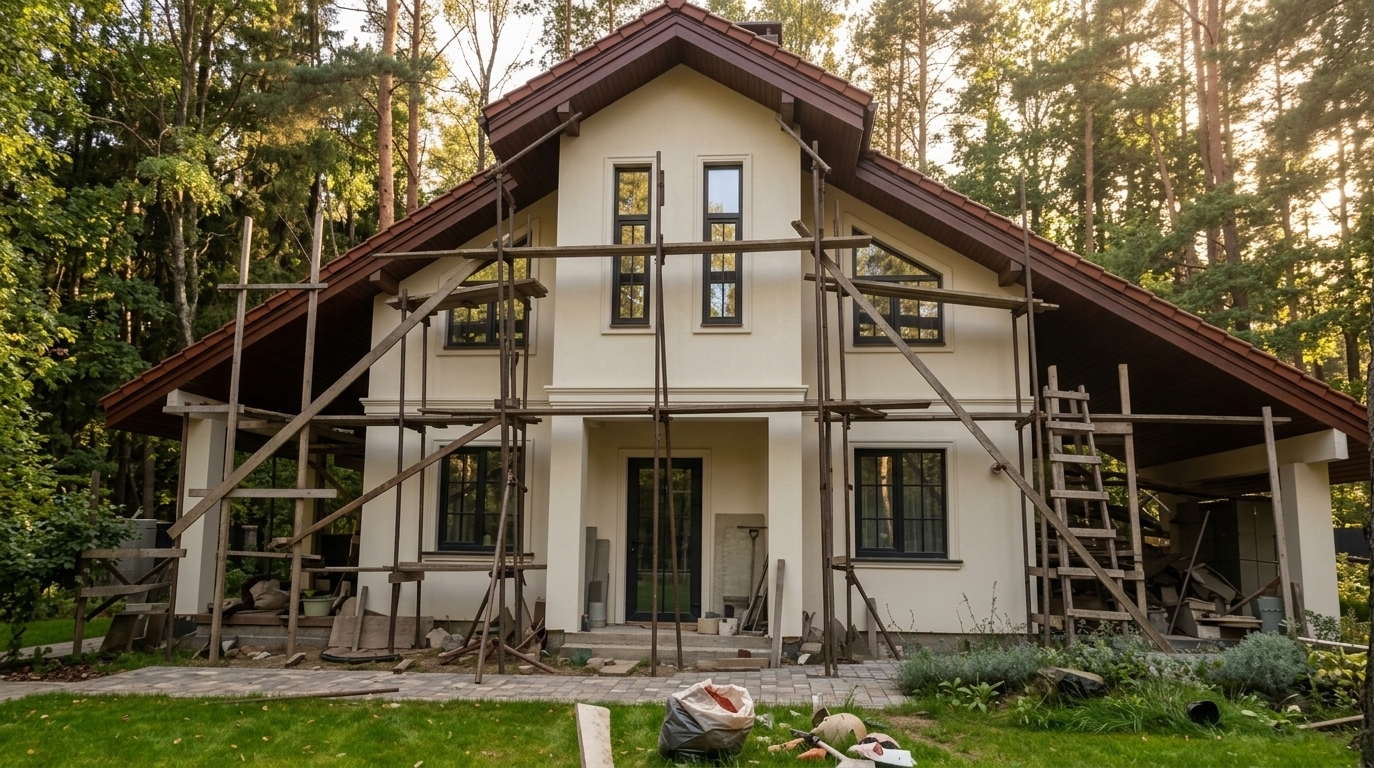 An incredibly lifelike, richly detailed, photorealistic wide-angle exterior architectural photo of an elegant Mediterranean retreat with a finished plaster facade decorated with classic architectural moldings framing the perimeter and window trims, set in a tranquil, sun-dappled forest clearing. The scene is illuminated by warm, golden late-afternoon sunlight filtering softly through the surrounding pine trees, creating a peaceful, luxurious atmosphere. Captured with a professional full-frame camera and a 35mm lens, emphasizing the smooth texture of the light cream stucco, refined perimeter moldings, rich dark-red terracotta roof tiles, and crisp multi-pane windows. The broad, symmetrical gabled roof features deep overhangs that shield spacious open-air side porches, while a dark-framed glass front door serves as an inviting centerpiece. The surrounding ground is fully landscaped with a lush green lawn, warm stone pavers, and subtle Mediterranean plantings, completing this beautifully finished luxury residence.