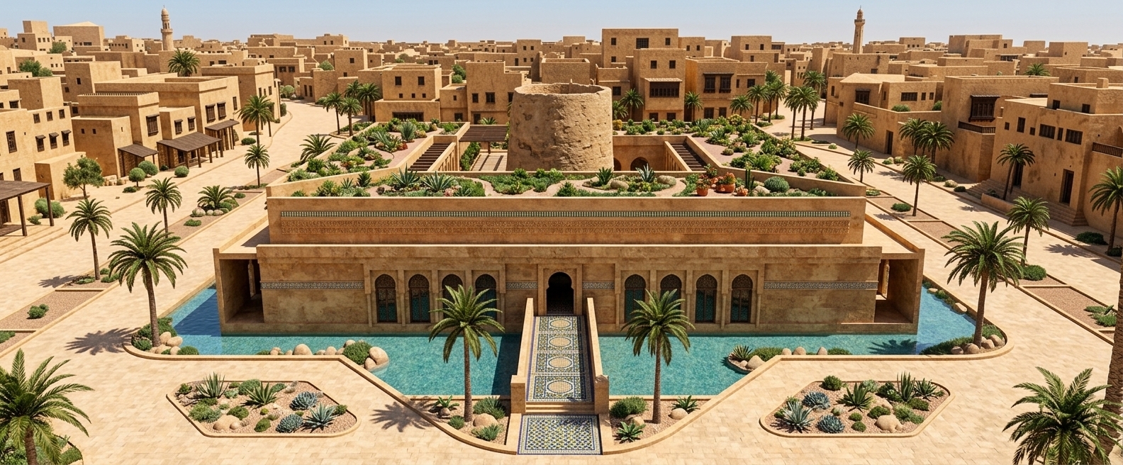 An incredibly lifelike, richly detailed, photorealistic wide high-angle exterior shot of a majestic Moroccan-inspired palace set in a sprawling, sun-baked desert city environment. The scene is illuminated by brilliant midday summer sunlight, creating a warm, vibrant, and exotic atmosphere. Captured with a sharp aerial camera lens, emphasizing the intricate textures of the porous sandstone walls, detailed wooden mashrabiya windows, and shimmering turquoise reflection pools. A grand central walkway adorned with intricate Zellige mosaic tiles in shades of deep blues, emerald greens, and golds leads across the water to the main entrance. Lush palm trees and a vibrant rooftop garden contrast beautifully against the warm, sandy tones of the surrounding traditional architecture, blending Middle Eastern grandeur with rich geometric patterns.