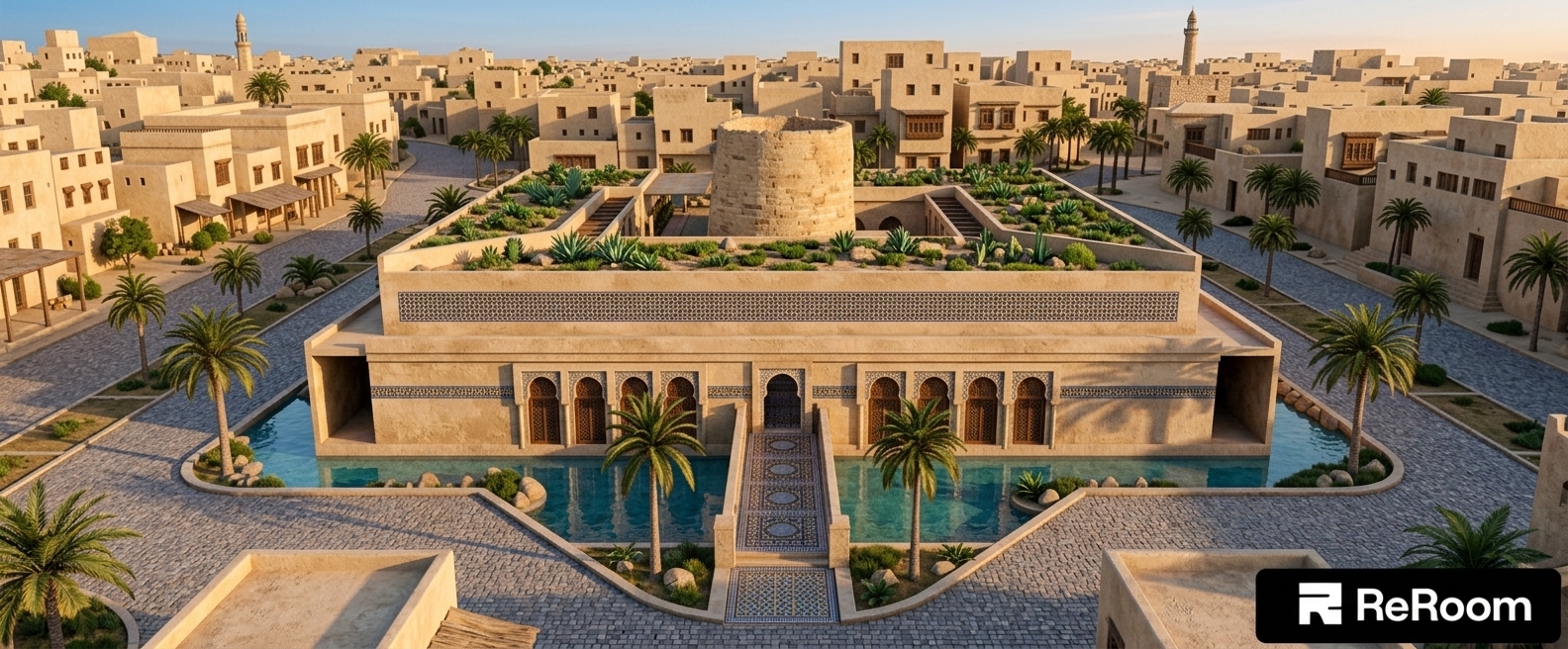 An incredibly lifelike, richly detailed, photorealistic aerial wide-angle drone shot of a grand, Moroccan-inspired palatial exterior set in a sprawling historic Middle Eastern desert city. The scene is illuminated by the warm, golden light of a calm summer sunrise, creating an exotic, serene, and majestic atmosphere. Captured with a professional full-frame camera using a 24mm wide-angle lens, emphasizing the intricate geometric wall art, textured beige sandstone facades, and rich, vibrant tilework. 

At the center of the estate, a wide entrance bridge decorated with ornate, patterned zellige tiles in deep blues and golds spans across a crystal-clear turquoise reflecting pool. Tall, slender palm trees frame the grand entrance, leading up to carved wooden lattice windows and arched alcoves that highlight the rich Moroccan decor. The building's terraced roof features lush, vibrant green gardens and succulents surrounding an ancient stone central tower, blending nature with heritage architecture. Beyond the water moat, cobblestone streets wind through a traditional sand-toned urban landscape filled with flat-roofed dwellings, palm-lined avenues, and distant minarets reaching into the clear morning sky.