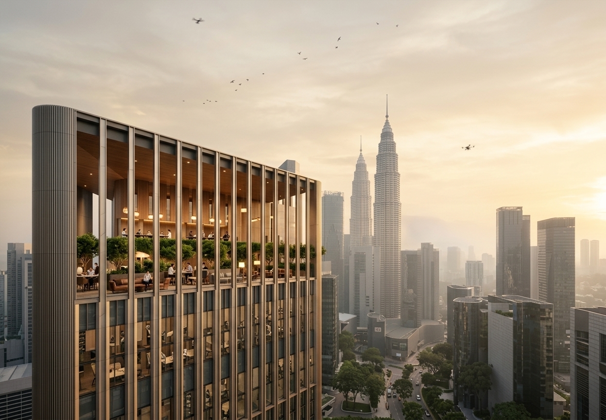 An incredibly lifelike, richly detailed, photorealistic elevated architectural shot of a sleek modern fusion skyscraper featuring an open-air sky terrace and luxury coworking space set in a dense metropolitan skyline. The scene is illuminated by the soft, warm glow of a golden hour sunset filtering through a hazy sky, creating an inviting, sophisticated, and ambient atmosphere. Captured with a professional tilt-shift architectural lens, emphasizing the crisp vertical façade mullions, rich timber-lined soffits, warm interior lighting, and verdant rooftop landscaping. The double-height open terrace seamlessly integrates lush greenery with contemporary lounge furniture, offering a harmonious blend of indoor collaboration and outdoor tranquility. In the beautifully enhanced background, iconic skyscrapers—including the towering twin spires—rise through a delicate evening mist, perfectly contextualizing this modern architectural workspace within its vibrant urban environment.