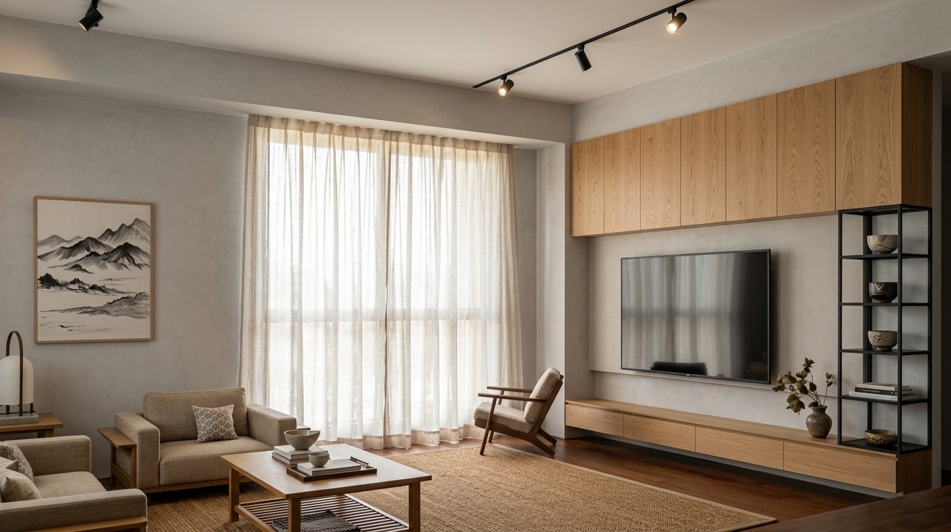 An incredibly lifelike, richly detailed, photorealistic interior photo of a Japanese Zen living room set in a serene contemporary residence during a summer midday. The scene is illuminated by brilliant natural daylight beautifully diffused through sheer floor-to-ceiling curtains, creating a tranquil, harmonious atmosphere. Captured with a full-frame camera and a 35mm lens, emphasizing tactile natural wood grain, soft linen textures, subtle plaster walls, and polished dark hardwood flooring, the space embraces a minimalist wabi-sabi aesthetic. Uncluttered surfaces and a palette of warm neutrals, muted tones, and deep black accents define the room. On the left, low-profile wooden seating with comfortable beige cushions surrounds a simple oak coffee table adorned with minimalist Japanese decor and books. Across the room, a custom media feature integrates smooth light-oak upper cabinetry, a wall-mounted display, and a tall black open shelving unit, perfectly balanced by a elegant wooden lounge chair resting near the light-filled window.