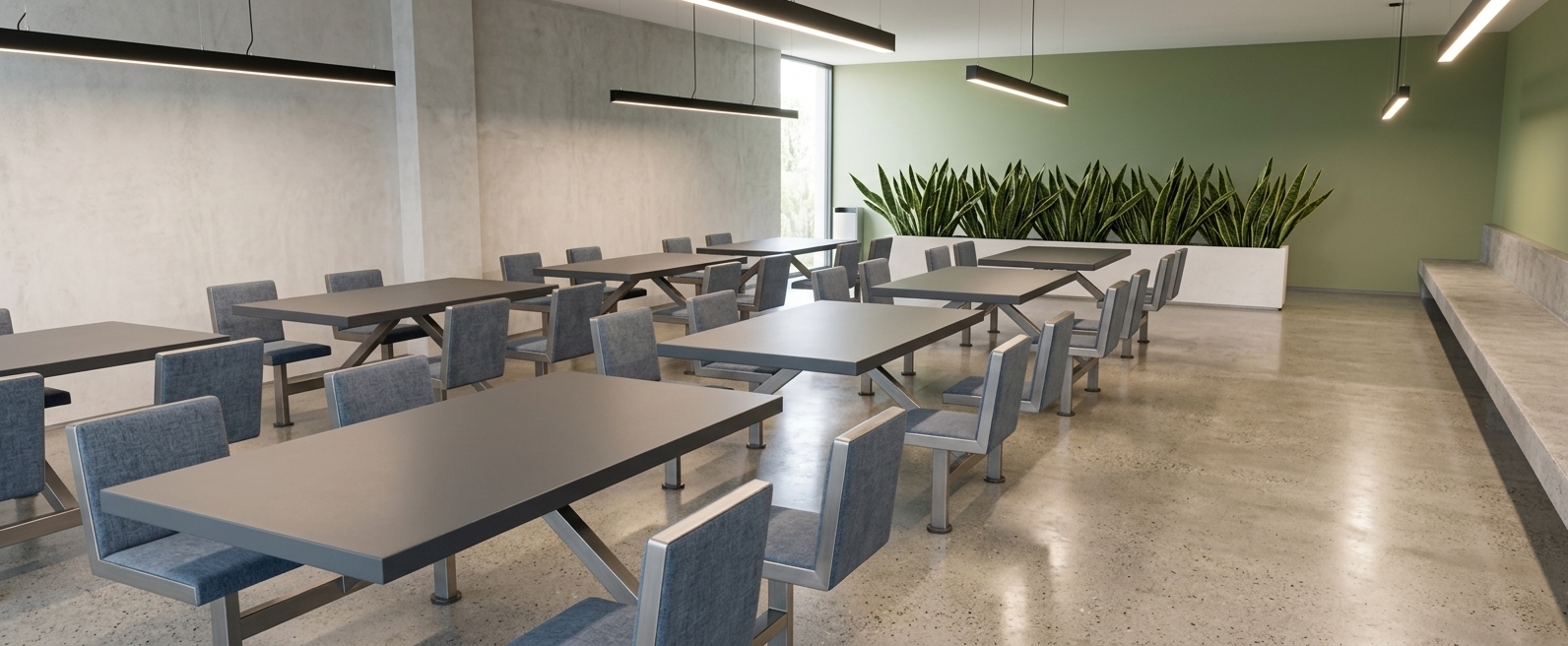 An incredibly lifelike, richly detailed, photorealistic wide-angle interior photo of a modern fusion coworking space set in a contemporary architectural building. The scene is illuminated by soft natural light filtering from a vertical window at the far end paired with sleek, black suspended linear LED lights, creating a serene and sophisticated atmosphere. Captured with a 24mm architectural tilt-shift lens, emphasizing the sheen of the polished concrete floor, the smooth matte finish of the dark grey tables, and the sleek upholstered seating. The right wall is painted in a soothing, soft olive green tone above a continuous cast-concrete bench, providing a subtle, organic contrast to the surrounding industrial micro-cement walls. In the background, a long white planter box filled with lush, upright snake plants adds a fresh biophilic touch to the clean, geometric spatial composition.