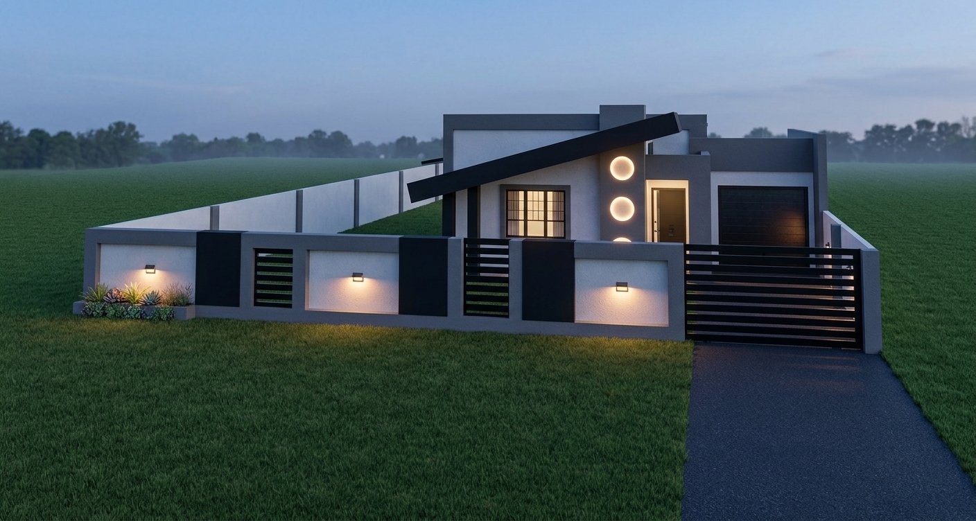 A crisp architectural photograph taken during late twilight, maintaining the precise geometry, composition, camera angle, and original color scheme of the modern house and boundary wall. The white plaster walls display fine, realistic stucco micro-textures with a subtle matte finish, contrasted by smooth, dark charcoal grey and matte black trims. Mounted sconce lights on the boundary wall are illuminated, casting soft, warm downward cones of light across the white panels. The three circular wall cutouts feature glowing warm interior accent lights that highlight their recessed geometry. The black horizontal slatted gates exhibit a realistic powder-coated metal sheen with micro-scratches and subtle highlights. The lawn is rendered as natural, finely textured green grass with subtle blade variations, while the driveway shows realistic textured asphalt paving. Captured with a professional 35mm architectural lens, the image displays authentic photographic lighting with a deep blue dusk sky, warm glowing artificial lights, crisp window glass reflections, soft natural shadows, and gentle lens vignetting.