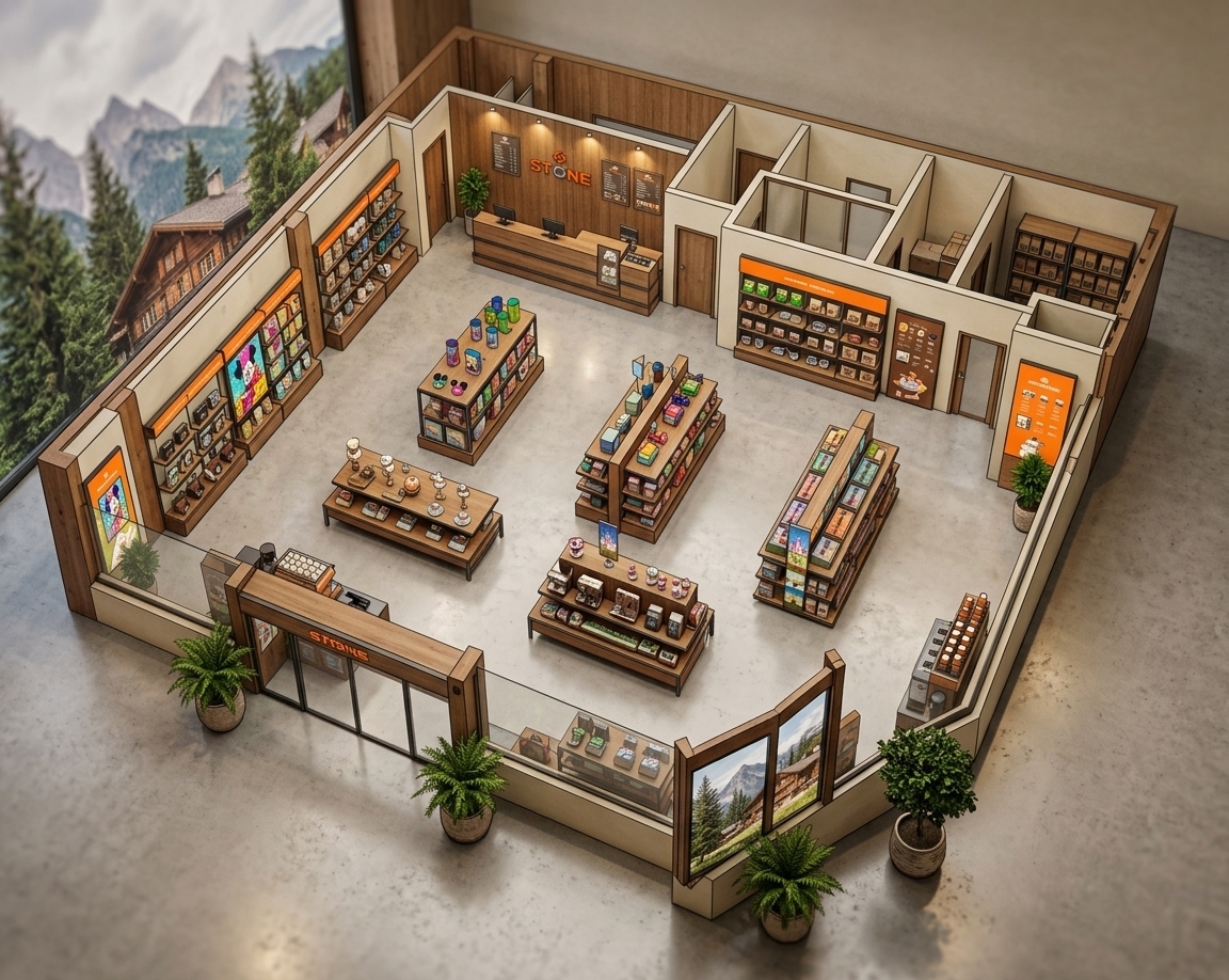 An incredibly lifelike, richly detailed, photorealistic high-angle isometric interior photo of a modern coffee shop set in a cozy mountain escape environment. The scene is illuminated by warm recessed spotlights and soft ambient diffusion, creating a warm, cozy, yet whimsical atmosphere. Captured with a 35mm tilt-shift architectural lens, emphasizing polished light-gray concrete floors, vibrant orange branding accents, and whimsical Disney-style pop-art collectibles. 

Reimagined from a sleek retail space into an alpine boutique cafe, the layout creates a striking visual contrast by pairing clean, corporate architectural lines with playful, fairytale charm. Display shelving and central islands now showcase high-end espresso equipment alongside colorful Mickey-eared coffee mugs, cartoonish enchanted castle pastries displays, and playful character-inspired decor. Lush potted greenery frames the entrance, while the rear service counter and back-of-house storage areas seamlessly blend warm timber accents with modern coffee bar functionality, delivering an intriguing, high-contrast fusion of mountain relaxation and magical nostalgia.