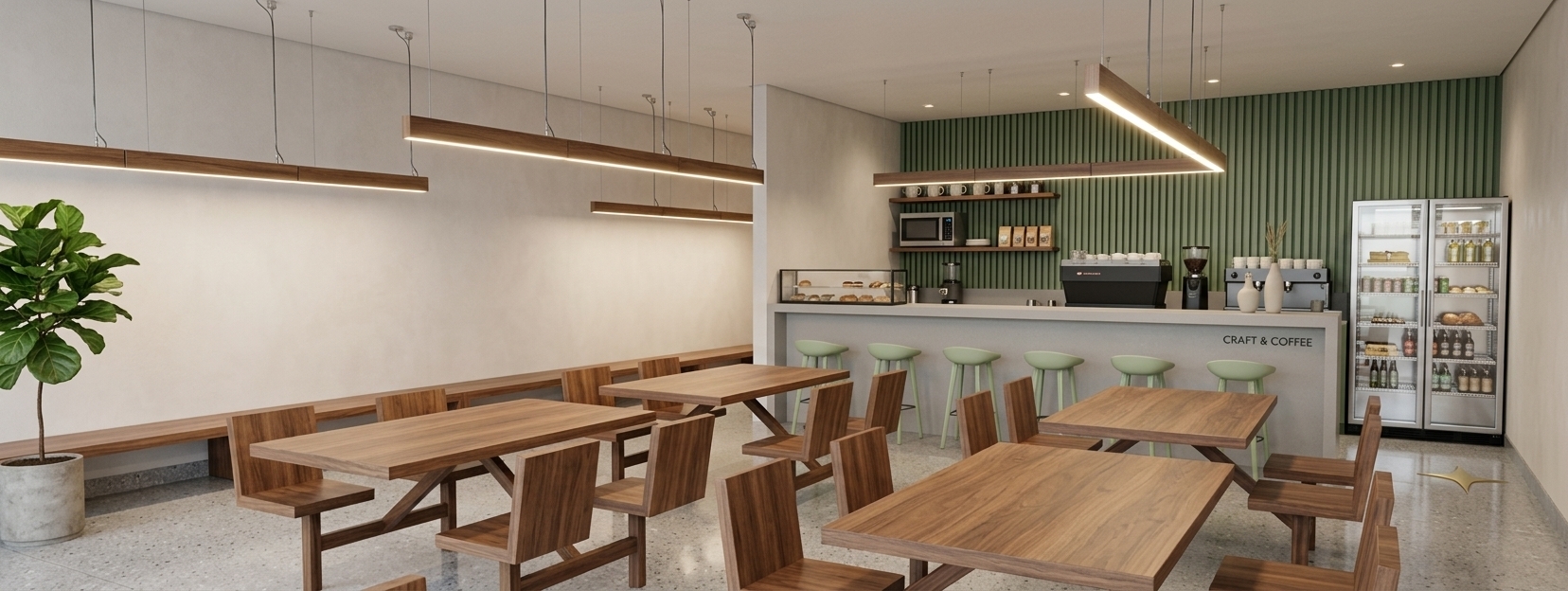 An incredibly lifelike, richly detailed, photorealistic wide-angle interior photo of a modern fusion cafe and coworking space set in an inviting urban sanctuary. The scene is illuminated by warm ambient backlighting and sharp, linear hanging LED strip lights, creating a calm, focused atmosphere. Captured with a 24mm tilt-shift lens, emphasizing the fine texture of polished terrazzo floors, soft matte plaster walls, and sleek metallic furniture finishes. On the far right wall, the vertical green slat wall paneling now extends completely across the back wall behind and surrounding the double-door glass display refrigerator, harmonizing perfectly with the slatted accent behind the coffee bar. Communal tables paired with minimalist cantilevered chairs fill the foreground, leading toward a clean-lined counter bar lined with light green barstools under low-profile suspended lighting.