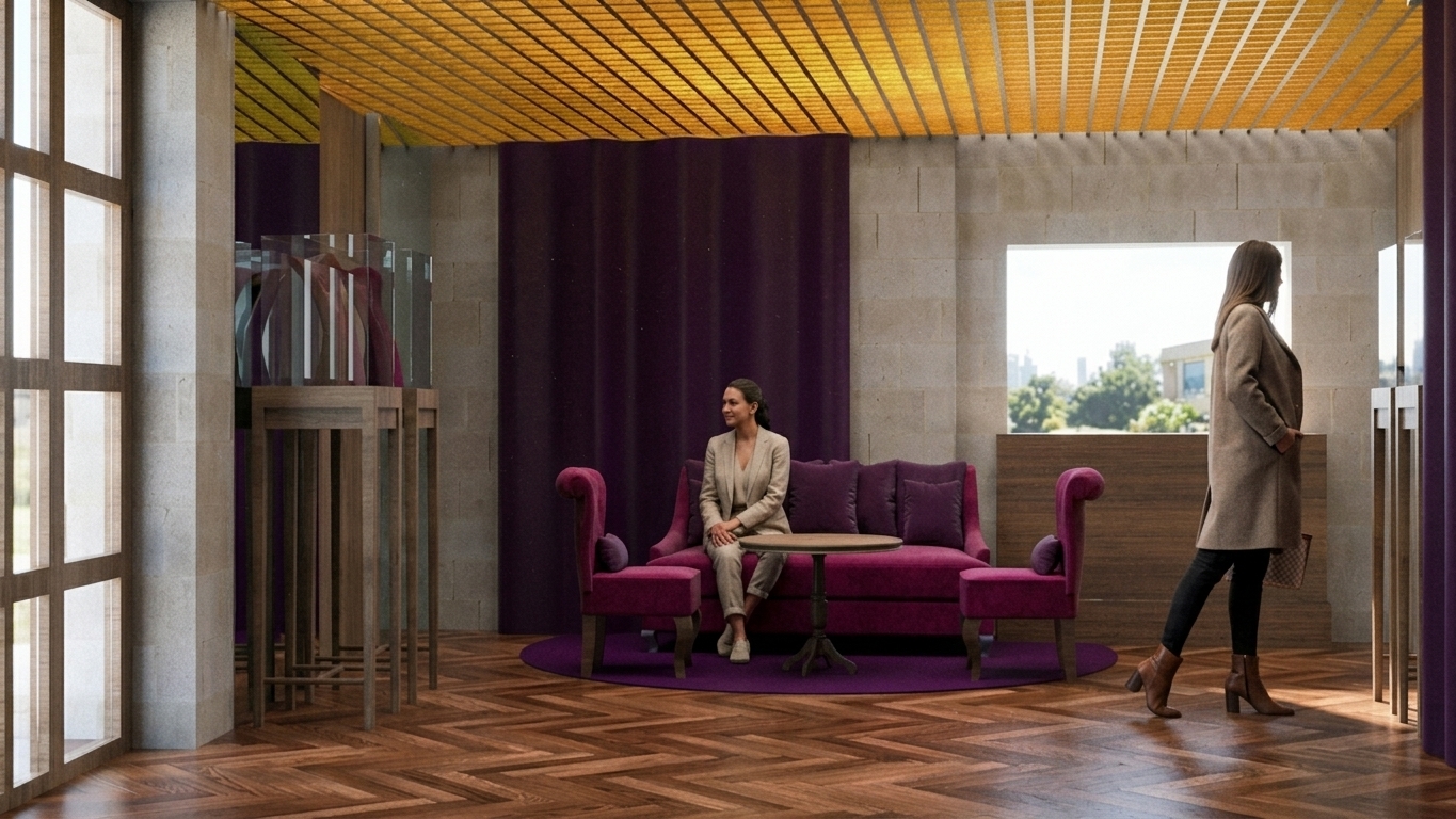 A professionally captured interior architectural photograph taken at bright midday, preserving the exact spatial layout, camera angle, and composition of the scene. Clear, natural daylight streams through the large window grid on the left and the square back window, filling the room with neutral sunlight and casting soft ambient shadows across the floor. The floor features warm polished oak herringbone parquet with detailed wood grain, subtle micro-scratches, and realistic satin reflections. The walls showcase the authentic texture of raw concrete masonry blocks with visible porosity and fine mortar seams. The plush deep magenta velvet sofa and accent chairs exhibit a rich textile nap with soft catchlights along folds, complementing the heavy deep purple velvet curtains hanging in natural, weighted drapery. The seated figure in the center and the walking figure on the right are rendered as real people with natural skin micro-textures, detailed hair, and realistic clothing folds. Above, the yellow slatted acoustic ceiling subtly catches ambient architectural light. Captured on a professional 35mm lens at f/5.6 for sharp interior clarity, subtle depth of field toward the outdoor greenery view, faint film grain, and soft vignetting around the edges.