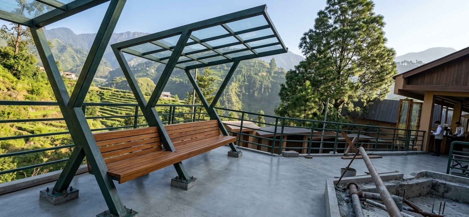 An incredibly lifelike, richly detailed, photorealistic wide-angle architectural shot of an outdoor extension of a luxury hotel lobby terrace set in a dramatic mountain valley landscape. The scene is illuminated by crisp, bright morning daylight, creating a serene and sophisticated atmosphere. Captured with a professional 24mm tilt-shift architectural lens, emphasizing the contrast between the dark geometric steel beams, warm organic wood grains, and smooth concrete surfaces. 

Integrated directly into the base of the angular dark-green steel canopy structures is a custom mid-century modern wooden bench. Crafted from warm, rich teak with clean horizontal slatted joinery, the bench seamlessly spans between the diagonal steel supports, offering a refined resting spot for hotel guests. The sleek, low-profile wooden seating provides an inviting, organic warmth that beautifully counterbalances the strong industrial lines of the metal framing. Beyond the sleek blue perimeter safety railing, sweeping views of terraced hillside greenery and distant mountain peaks frame the deck, blending mid-century architectural elegance with high-altitude resort luxury.