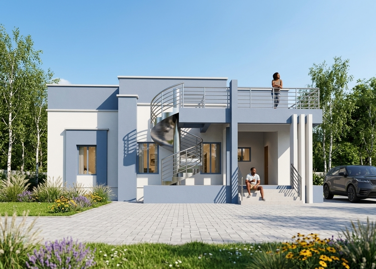 An incredibly lifelike, richly detailed, photorealistic eye-level architectural exterior photo of a modern single-family house set in a serene Scandinavian sanctuary surrounded by a manicured outdoor garden. The scene is illuminated by the intense, brilliant light of a high midday summer sun, creating a crisp, vibrant, and uplifting atmosphere. Captured with a professional 35mm tilt-shift architectural lens, emphasizing the smooth matte finish of the white and soft dusty-blue stucco, polished stainless steel spiral railings, and crisp geometric shadows across the entryway. 

In the driveway paved with neat light-gray stone pavers, a sleek dark modern SUV sits parked beside lush green lawns dotted with slender birch trees, tall ornamental grasses, and blooming summer perennials. A Black family brings warmth to the minimalist residence—one person relaxes comfortably on the front entrance steps with a cool drink, while another leans against the upper terrace railing enjoying the sunny afternoon view. Clean, bright reflections shimmer in the tinted windows, perfectly blending sleek Scandinavian design with a welcoming home environment.