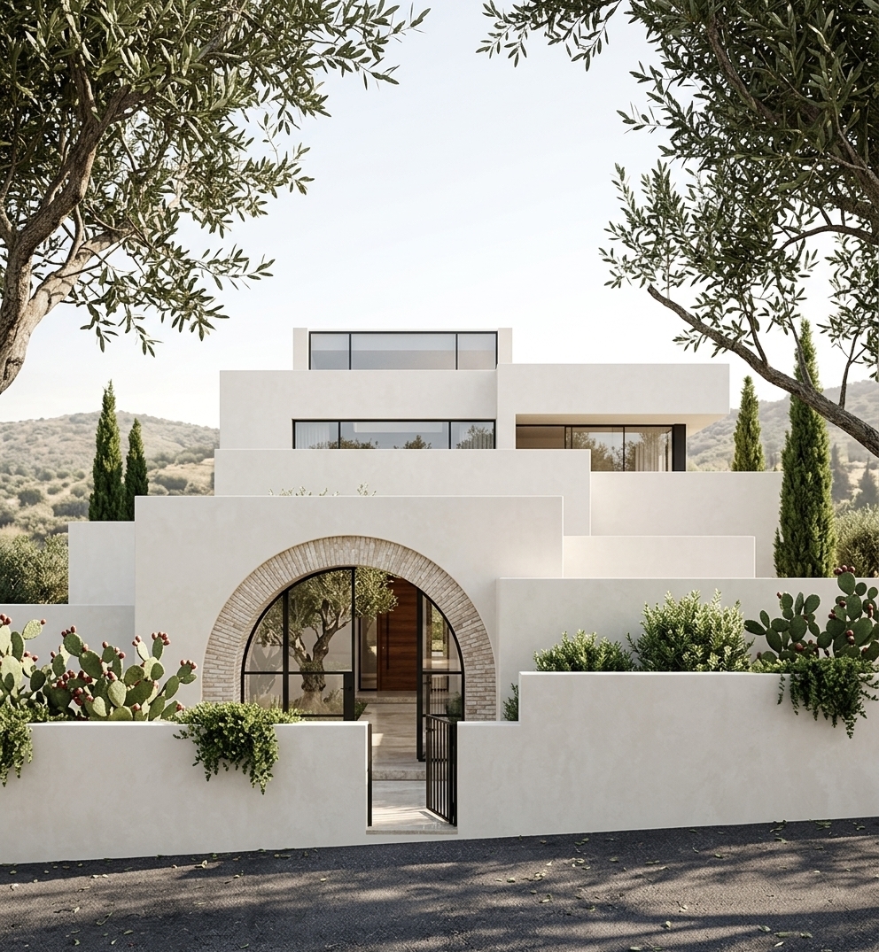 An incredibly lifelike, richly detailed, photorealistic front facade architectural photo of a modern fusion villa set in a serene, sun-drenched Mediterranean hillside landscape. The scene is illuminated by soft, diffused daylight filtering through a high sky, creating a tranquil, sophisticated, and luxurious atmosphere. Captured with a 35mm tilt-shift lens, emphasizing the smooth lime-wash plaster walls, textured brickwork along the grand archway, polished dark metallic accents, and layered lush greenery.

At the center of the composition, a striking geometric archway lined with light-toned brick masonry creates a bold, open-concept entryway into a private courtyard. A massive, semi-circular floor-to-ceiling glass panel with sleek black metal frames fills one half of the arch, reflecting the ambient light and surrounding trees with subtle clarity. Through the open black gate, a polished stone pathway guides the eye toward a warm, dark wooden front door nestled beneath an interior olive tree.

The residence is defined by clean, modular volumes of stark off-white plaster, layered in an asymmetrical, dynamic arrangement. Broad horizontal cutouts house sleek black-framed ribbon windows and upper-level recessed glazing, striking a balance between privacy and modern openness. 

In the foreground, a low white perimeter wall serves as a planar element, draped gracefully with vibrant green prickly pear cacti with reddish fruit. Crisp clusters of low-lying ornamental shrubs line the base of the wall, contrasting against the dark, textured asphalt street below, which is dappled with intricate leaf shadows from a canopy of mature olive branches framing the upper edge of the shot. Slender, dark green Mediterranean cypress trees rise vertically behind the house, puncturing the skyline against the soft, rolling, vegetation-dotted hills in the background.