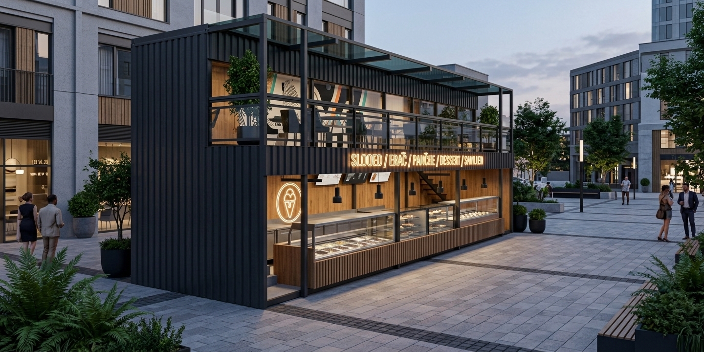 An incredibly lifelike, richly detailed, photorealistic eye-level architectural photo of a modern fusion two-story modular coffee and dessert shop set in a vibrant, upscale urban pedestrian plaza. The scene is illuminated by soft dusk light balanced with glowing internal spotlights, overhead LED displays, and warm neon accent lighting, creating a sleek, dynamic, and inviting atmosphere. Captured with a 35mm tilt-shift lens, emphasizing the sharp corrugated dark charcoal metal cladding, rich natural wooden slatted counters, and polished reflective glass surfaces. 

The ground floor features an open-concept service area equipped with immaculate stainless-steel ice cream freezer wells, seamless glass cake display cases, and modern black industrial pendant lights hanging over smooth grey countertops. Bold, warm-glowing neon signage above the main counter and an illuminated circular ice cream medallion create a striking visual focal point, complemented by abstract wall art in shades of black, white, and vibrant accents along the inner timber-paneled back wall. A slim interior staircase leads to the upper level—a covered open-air terrace framed by slitted steel columns, a tinted glass canopy, and modern glass balustrades offering a sophisticated elevated seating lounge. Potted lush greenery and refined urban hardscaping subtly ground the modular structure, perfectly exemplifying a contemporary, industrial-inspired coffee and dessert pavilion.