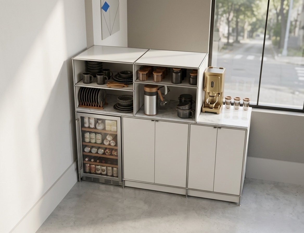 An incredibly lifelike, richly detailed, photorealistic interior photo of a bespoke coffee and beverage bar set in a light-filled contemporary coffee shop. The scene is illuminated by soft morning daylight filtering through expansive floor-to-ceiling glass windows, creating an airy, refined, and serene atmosphere. Captured with a professional 50mm architectural lens, emphasizing the smooth polished stone counter, delicate ceramic textures, and sleek metal frame accents. The minimalist station features a harmonious color palette of warm white, pearl, and soft gray, anchored by clean-lined lacquered cabinetry and an integrated glass-front beverage refrigerator showcasing neatly stacked artisanal drinks on warm wooden racks. Atop the pristine stone surface sits a high-end espresso machine alongside glass drinkware, while open upper shelving gracefully displays curated ceramic dishware, dark stoneware mugs, and wooden-capped canisters. Abstract wall art and subtle sculptural lighting complement the background wall, lending an understated elegance and balanced sophistication to this inviting hospitality space.
