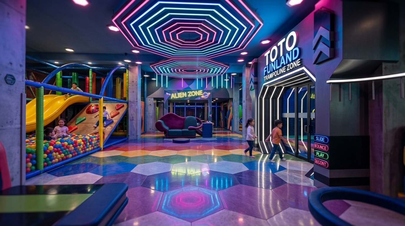 An incredibly lifelike, richly detailed, photorealistic wide-angle interior photograph of a vibrant children's indoor gaming arena set in a modern amusement venue. The scene is illuminated by striking electric blue and pink neon lights casting dramatic, glowing reflections, creating an energetic neon noir atmosphere. Captured with a professional 24mm architectural lens, emphasizing the glossy, rainbow-patterned hexagonal floor tiles and vivid geometric light fixtures... On the left, joyful children climb and splash into an expansive soft play area equipped with a bright yellow slide, ladybug-accented climbing ramps, and an overflowing, multi-colored ball pit. To the right, excited kids rush through the futuristic, portal-like entrance of the "TOTO FUNLAND TRAMPOLINE ZONE," framed in glowing dark-matter trim and vibrant signage. Overhead, concentric octagonal ceiling channels radiate mesmerizing pink and blue illumination, saturating the entire dynamic playroom in rich color and high-tech fun.