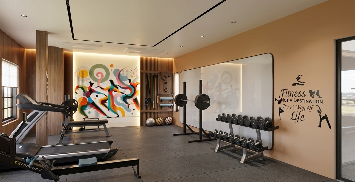 A professional wide-angle interior photograph of a modern luxury home gym, precisely retaining the spatial layout, camera position, geometry, and composition of the original scene. The flat ceiling is finished in a smooth matte ivory-white shade, illuminated by integrated black profile channel lights and glowing recessed downlights that cast soft, realistic light cones downward. Soft warm LED cove lighting bleeds delicately from within and behind the slatted wood wall paneling framing the back art accent, bathing the rich wood textures and the vibrant, colorful abstract mural in a gentle ambient halo. The side walls display warm natural wood paneling and a smooth tan paint finish with crisp black vinyl typography, while a large wall-mounted panel shows natural, subtle glass reflections of the room lighting. The exercise equipment, including the treadmill, rower, barbell, and dumbbell rack, is rendered with photorealistic materials featuring matte black powder-coated metal, polished chrome, and rubberized surface textures with realistic specular highlights and micro-imperfections. The floor consists of high-density dark gray rubberized gym tiles with realistic seams and fine surface grip texture. Shot with a 24mm architectural lens at f/8 under warm, balanced indoor lighting, delivering deep depth of field, natural contact shadows, and realistic material physics.
