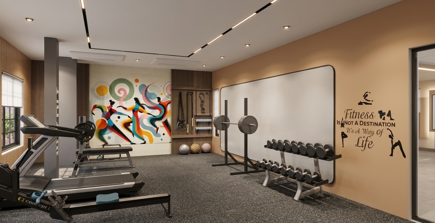 A wide-angle architectural photograph of a sleek modern home gym interior, preserving the exact layout, equipment arrangement, camera angle, and perspective of the scene. The ceiling is painted in a smooth, matte ivory white finish, featuring lit black linear profile LED strip lights and glowing recessed spotlights that cast clean downlight across the room. Soft, warm indirect cove lighting radiates from behind the vertical wood slat panelling framing the back wall, washing the area in a ambient glow. The background features a striking abstract mural rendered in rich, saturated hues of teal, orange, red, and yellow. On the warm tan accent wall to the right, the crisp black motivational wall text and silhouettes appear perfectly applied, alongside a large framed mirror reflecting the subtle interior lighting and room details. The fitness gear, including the matte black treadmill, rowing machine, weight rack, and chrome-plated dumbbells, displays realistic material textures like powder-coated steel, rubberized grips, and brushed stainless steel with subtle surface reflections. The floor is composed of dense, dark grey rubber gym tiles with fine seam lines and a realistic matte micro-texture. Photographed with a 24mm wide-angle lens at eye level, the image features balanced ambient and dynamic accent lighting, subtle specular highlights on metallic surfaces, a soft depth of field, and natural photographic realism with faint lens vignetting.