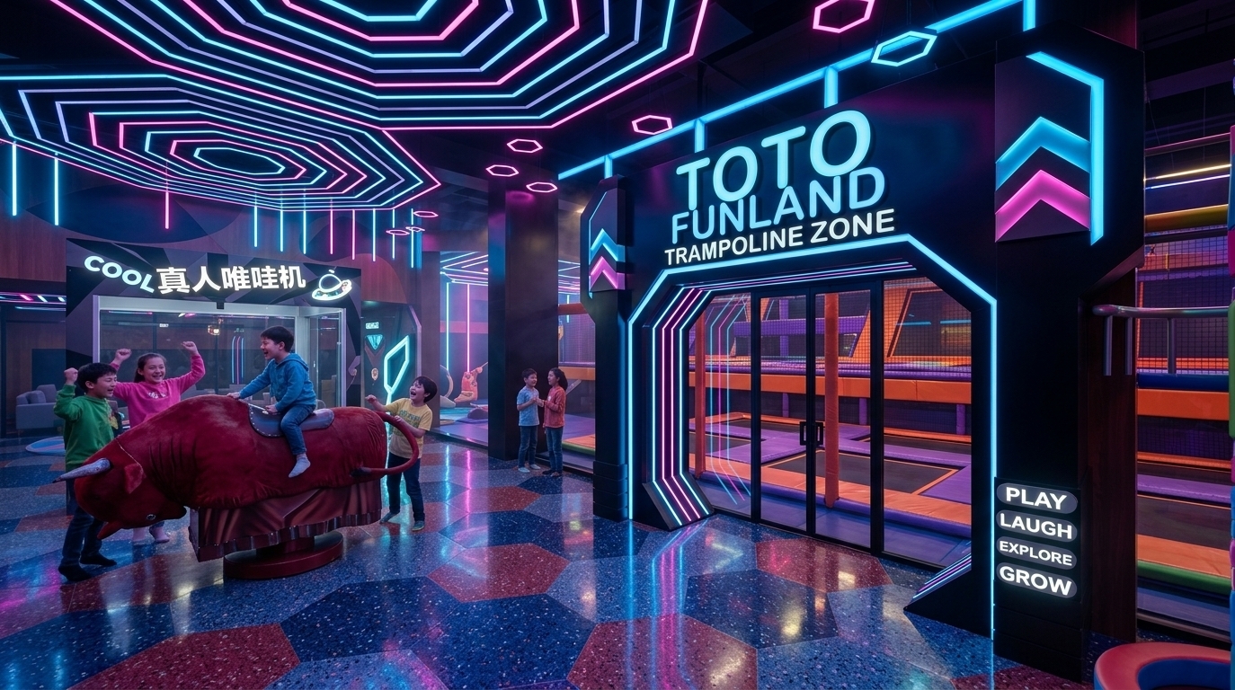 An incredibly lifelike, richly detailed, photorealistic wide-angle interior photograph of a vibrant children's gaming zone set in a modern indoor family entertainment center. The scene is illuminated by electric neon blue and radiant pink LED strip lighting tracing geometric ceiling patterns and glowing archways, creating an energetic, futuristic neon noir atmosphere. Captured with a 24mm wide-angle lens, emphasizing the glossy reflections on the colorful hexagonal floor tiles, polished dark wood finishes, and sleek matte-black structural entryways. On the left, excited kids gather around a deep-red mechanical bull game, cheering each other on, while on the right, children stream into the glowing portal entrance marked "TOTO FUNLAND TRAMPOLINE ZONE." The vivid magenta and cyan ambient light casts dramatic specular highlights across the glossy surfaces, bringing the high-octane gaming environment to life.