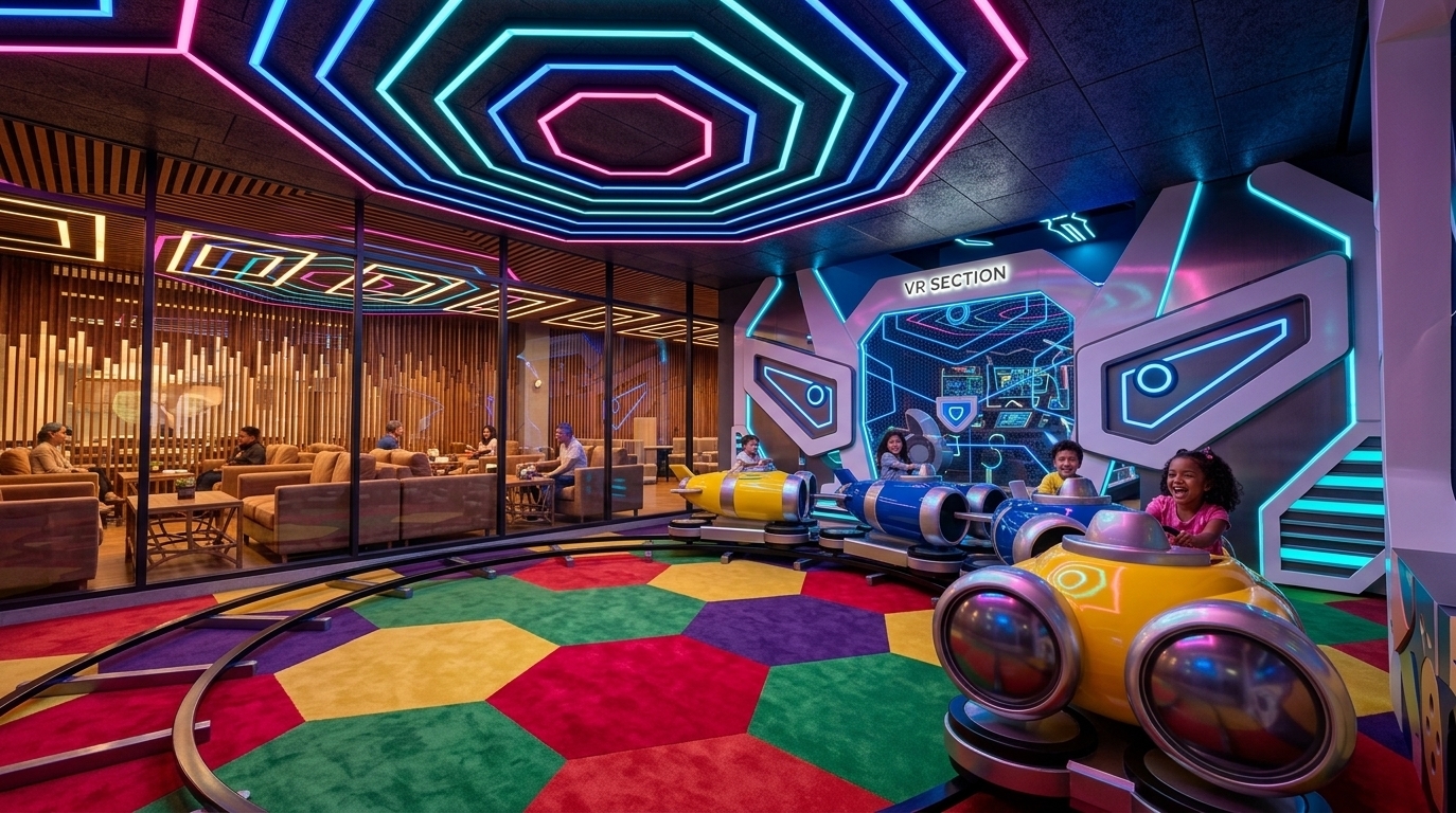 An incredibly lifelike, richly detailed, photorealistic wide-angle interior photo of a vibrant children's gaming room set in a modern family entertainment center. The scene is illuminated by striking pink and deep blue neon lighting paired with glowing cyan ceiling LEDs, creating an energetic neon noir atmosphere. Captured with a high-end 24mm wide-angle lens, emphasizing glossy track reflections, the rich velvet textures of the geometric carpet, and high-contrast light reflections. In the central play area, happy children laugh while steering bright yellow and blue submarine-style toy train cars along a sleek black floor track. Beneath them, a bold carpet patterned with vivid red, green, yellow, and purple hexagons anchors the space. Overhead, an impressive ceiling feature of concentric octagonal neon rings casts a moody, atmospheric glow. To the right, a futuristic white-and-blue sci-fi portal marks the entrance to the "VR SECTION," while to the left, floor-to-ceiling glass paneling offers a clear view into an adjacent, cozy cafeteria lounge filled with warm wooden accents and comfortable seating.