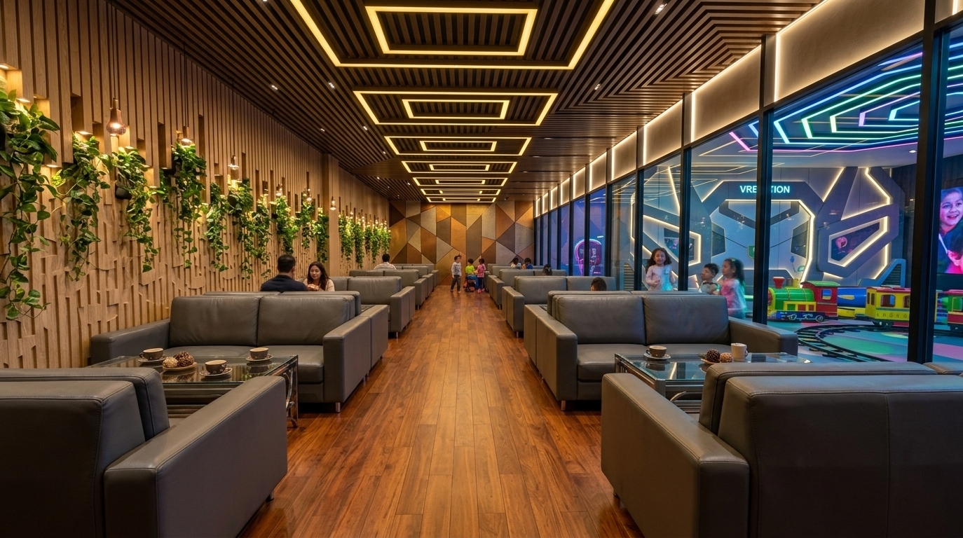 An incredibly lifelike, richly detailed, photorealistic eye-level interior photo of a stylish cafe lounge set in a vibrant gaming room entertainment center. The scene is illuminated by warm, recessed ambient lighting and glowing yellow geometric ceiling fixtures balanced by electric neon noir hues bleeding from the adjacent play area, creating a cozy yet high-energy atmosphere. Captured with a 24mm wide-angle lens, emphasizing the warm grain of polished mahogany hardwood floors, light-oak acoustic wall paneling intertwined with lush potted greenery, and sleek, dark grey leather sofas. Parents unwind in the comfortable seating area enjoying warm drinks, while through the floor-to-ceiling glass partition on the right, children light up with excitement as they play inside an illuminated VR station and ride a colorful mini toy train.