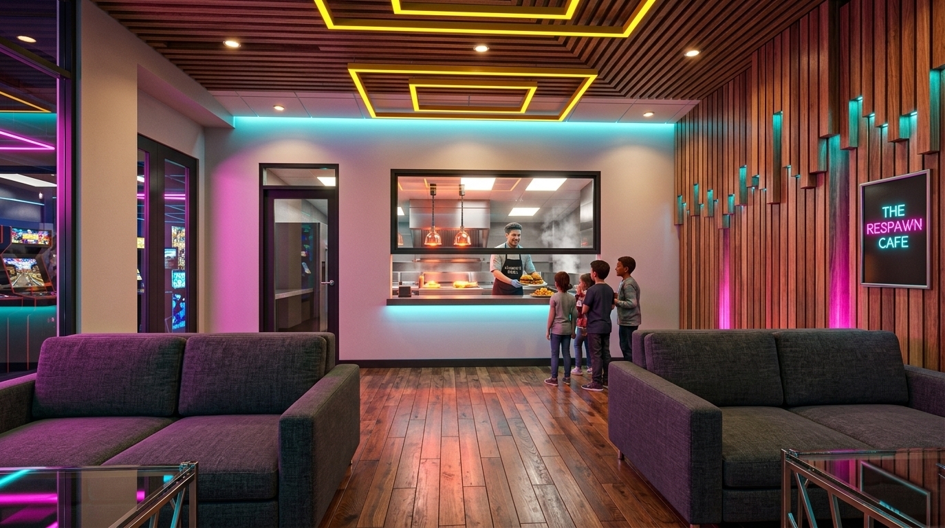 An incredibly lifelike, richly detailed, photorealistic eye-level interior photo of a vibrant cafeteria lounge set in a sleek modern gaming facility. The scene is illuminated by warm recessed spotlights and bright yellow overhead ceiling channels, layered with dramatic neon pink and electric blue glow bleeding in from the nearby gaming hall, creating a moody, high-energy neon-noir atmosphere. Captured with a wide-angle 24mm architectural lens, emphasizing rich timber grains, soft plush upholstery, polished glass tabletops, and ambient light reflections...

At the center, a cheerful chef behind the serving counter passes freshly made burgers, hot pizza slices, and golden chips through the pass-through window to eager kids who have taken a break from gaming. Behind the counter, a busy kitchen is in full swing, featuring glowing heat lamps, stainless steel prep counters, and subtle wisps of steam. To the left, the dark-framed entrance door leads directly from the gaming arcade, casting vibrant pink and cyan neon highlights across the rich hardwood floor planks and dark grey sofas. The warm slatted wood ceiling and sculpted wall panels complement the cinematic, futuristic lighting, transforming the lounge into the ultimate post-game hangout spot.