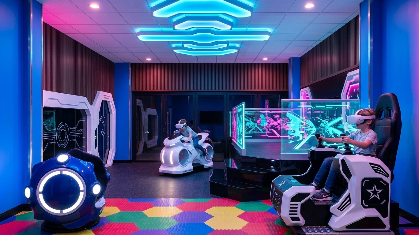 An incredibly lifelike, richly detailed, photorealistic wide-angle interior shot of an ultra-modern VR gaming lounge set in a high-end family entertainment complex. The scene is illuminated by striking neon pink and electric blue ambient lighting mixed with soft, cool-toned overhead downlighting, creating a futuristic, high-octane neon noir atmosphere. Captured with a 24mm wide-angle lens, emphasizing vivid glossy surfaces, intricate mechanical gaming rigs, and the soft, matte texture of the colorful rubber floor tiles.

On the left, an futuristic entry portal crafted from white geometric framing and dark glass panels features glowing sci-fi vector graphics, welcoming visitors into the immersive space. The floor is covered in a resilient, non-slip rubber carpet composed of vibrant hexagonal tiles in bold red, yellow, green, purple, and blue hues, subtly catching the reflections of surrounding neon lights. 

In the foreground to the left stands a dynamic circular VR pod finished in deep cobalt blue and sleek white, adorned with circular illumination nodes. To the right, a heavy-duty single-seat cockpit simulator features a high-backed ergonomic racing bucket seat encased in a black-and-white mechanical shell with stylized vents and geometric star logos. 

Toward the center, a raised gaming platform with dark, high-gloss steps is enclosed by illuminated glass balustrades displaying vibrant game graphics in electric cyan and magenta. Kids equipped with lightweight, modern VR headsets and motion controllers are actively enjoying the experience—some sitting in the cockpit pod steering through virtual worlds, while another child straddles the sleek white sci-fi VR motorbike simulator in the mid-ground, leaning excitedly as if speeding through a digital landscape. 

The background features a sophisticated dual-layer wall design: bright neon blue side walls with vertical metallic trim contrast beautifully against a dark walnut wood-slatted feature wall above floor-to-ceiling glass panels. Overhead, a clean grid acoustic ceiling supports custom multi-tiered geometric light fixtures that cast a vivid neon blue glow, enhancing the overall cybernetic aesthetic and high-tech ambiance of the room.