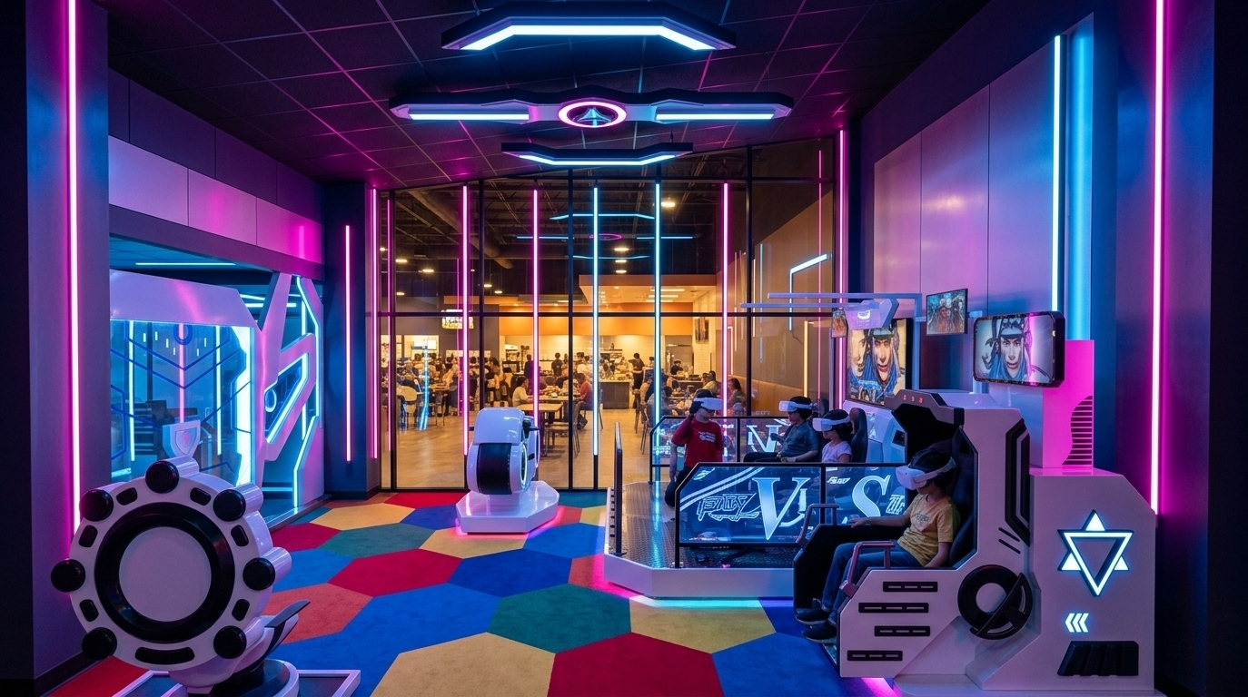 An incredibly lifelike, richly detailed, photorealistic interior wide-angle photograph of a futuristic VR gaming room set in a cutting-edge family entertainment complex. The scene is illuminated by brilliant neon pink and electric blue ambient glow along with sleek, vertical floor-to-ceiling LED light strips, creating an exhilarating neon noir atmosphere. Captured with a 24mm f/2.8 architectural lens, emphasizing polished synthetic surfaces, vibrant light reflections, and tactile interior finishes, the eye-level perspective showcases energetic kids wearing advanced VR headsets fully immersed in virtual gameplay. On the left, a sci-fi portal-inspired frame marks the main entrance to the VR zone, while the back wall consists of a expansive, floor-to-ceiling glass partition that reveals a warmly lit cafeteria humming with activity in the background. High-tech motion simulator cockpits, interactive arcade seats, and a sleek white VR motorcycle pod are arranged across a plush carpeted floor laid with vibrant, multi-colored hexagonal tiles in bold primary hues. Overhead, geometric sci-fi ceiling fixtures emit crisp blue illumination, accentuating the glossy white and matte black armor plating of the gaming hardware and casting rich, atmospheric shadows throughout the space.