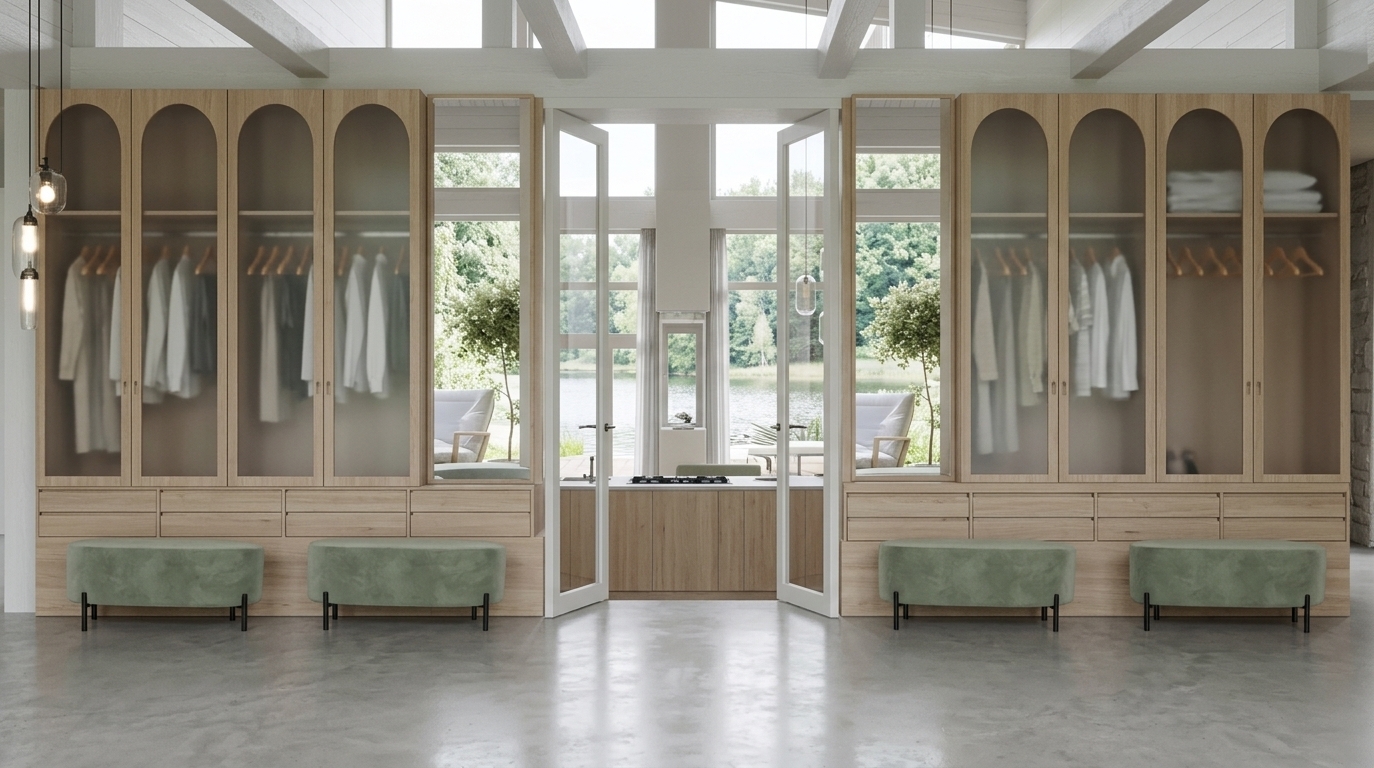 An incredibly lifelike, richly detailed, photorealistic wide-angle interior photo of a tranquil mudroom set in a minimalist haven. The scene is illuminated by crisp midday daylight streaming from floor-to-ceiling windows, creating a bright, serene atmosphere. Captured with a 24mm tilt-shift lens, emphasizing the tactile grain of cool milk-colored wooden beam walls, polished concrete flooring, and soft matte textures. Built symmetrically along the space, bespoke timber wardrobe cabinets feature arched doors with opaque frosted glass inserts that subtly reveal neat clothing racks and wooden hangers within. Flanking the central glass doorway, tall full-length mirrors reflect lush outdoor foliage and calm lake views. Beneath the lower wooden drawers of the wardrobes, four oval poufs upholstered in muted sage-green velvet rest neatly on slender black steel legs, completing a perfectly balanced and functional luxury entryway.
