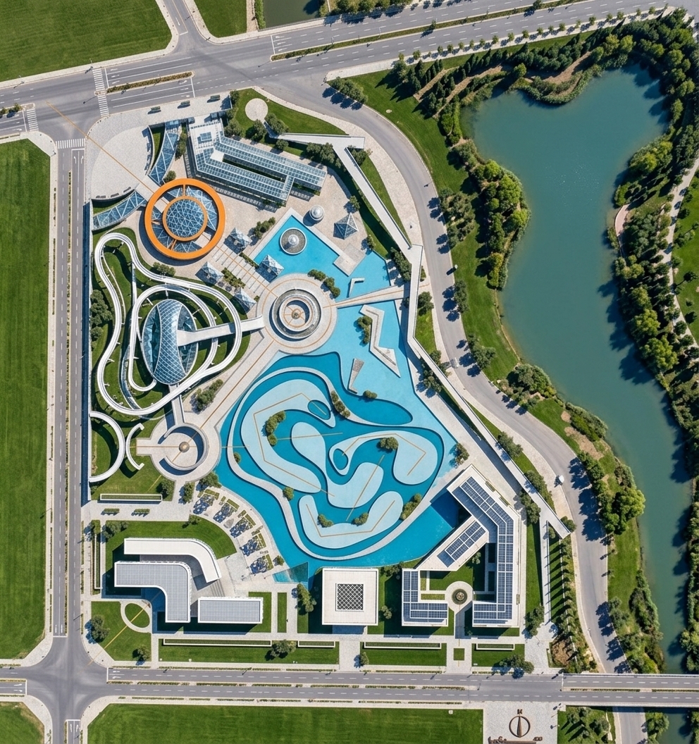An incredibly lifelike, richly detailed, photorealistic high-angle aerial drone shot of a futuristic, minimalist amusement park set in a sprawling outdoor urban garden haven. The scene is illuminated by crisp, radiant midday sunlight, creating a serene, inviting, and vibrant atmosphere. Captured with a high-resolution medium-format camera and a tilt-shift lens, emphasizing the glistening glass roofs, plush emerald-green turf, fine stone paving, and mirror-like water reflections. The park's architectural layout seamlessly integrates sleek white modern pavilions, a towering, elegant Ferris wheel, and winding coaster pathways amidst meticulously manicured lawns and geometric tree groves. Sun-dappled pristine turquoise pools reflect the cloudless blue sky and surrounding glass structures, while sharp, realistic shadows cast by buildings and foliage accentuate the park's depth, clean lines, and sophisticated landscape design.