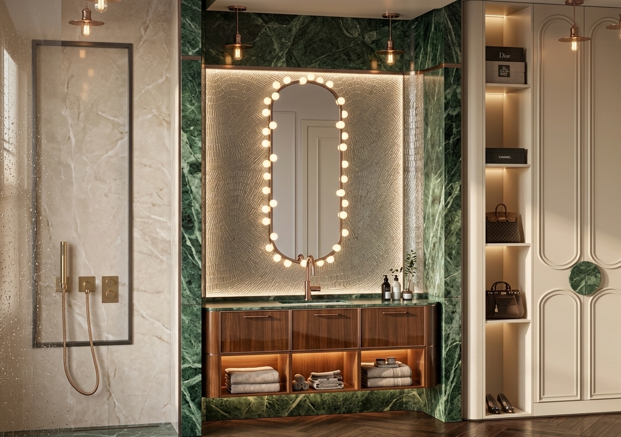 An incredibly lifelike, richly detailed, photorealistic eye-level interior shot of a luxurious Art Deco bathroom vanity and dressing suite set in an opulent private residence during autumn. The scene is illuminated by soft, diffused afternoon sunlight complemented by warm ambient niche lighting, creating an extravagant, serene, and sophisticated Art Deco glamour atmosphere. Captured with a 35mm architectural lens with high dynamic range, emphasizing the glossy, dramatic veining of deep green Verde Alpi marble, silky beige marble wall slabs, and polished rose-gold hardware. On the left, a walk-in shower features cascading water droplets gleaming against smooth beige marble tiles framed in dark trim. At the center, an elegant alcove enclosed in vibrant green marble houses a vanity unit topped with a intricate, fan-patterned textured backwall, an elongated pill-shaped mirror trimmed with glowing spherical bulbs, and a matching green marble cabinet with an illuminated towel shelf. To the right, tall cream-colored dressing cabinets display refined Art Deco arched molding and a central circular green marble handle, flanked by open display shelves neatly holding luxury designer handbags and footwear above a dark herringbone hardwood floor.