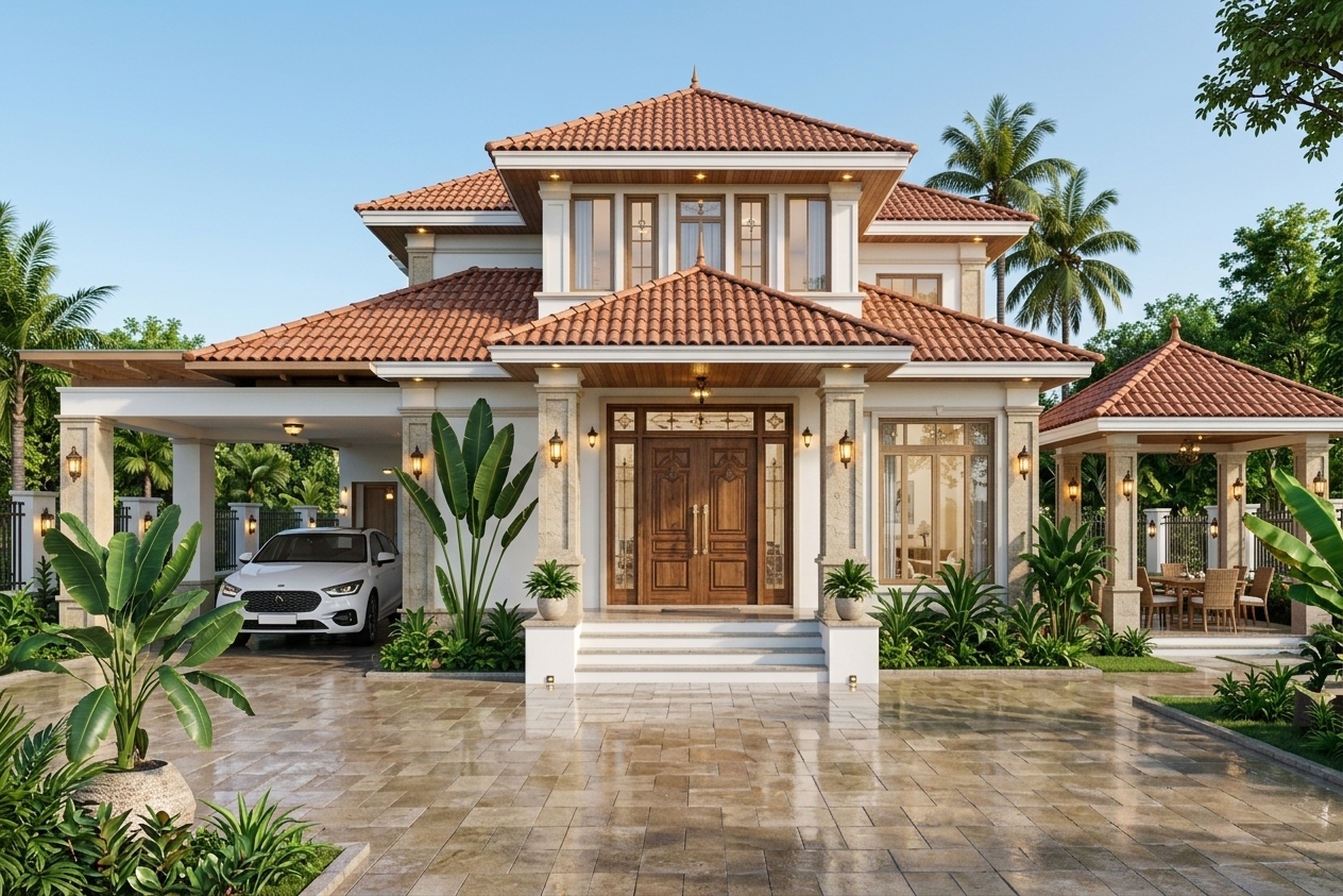 An incredibly lifelike, richly detailed, photorealistic wide-angle architectural photo of a luxurious modern-tropical coastal villa set in a serene, sun-drenched seaside environment. The scene is illuminated by bright, clear summer midday sunlight paired with glowing golden exterior sconces and warm recessed ceiling lamps, creating an airy, light, fresh, and inviting atmosphere filled with a relaxed coastal breeze. Captured with a professional 24mm tilt-shift lens, emphasizing the rich sheen of the glistening, polished stone driveway pavers, the textured terracotta red roof tiles, and the natural grain of the ornate wooden double entrance doors. The two-story white structure features warm sandy neutral undertones, stone accent pillars, and expansive glass windows revealing glimpses of beachy, uncluttered interior spaces. To the right, an open pavilion gazebo houses refined wooden and wicker dining furniture, surrounded by lush potted plants and tropical banana foliage, while a sleek white car rests comfortably beneath the integrated carport canopy on the left, exemplifying casual luxury and coastal elegance.