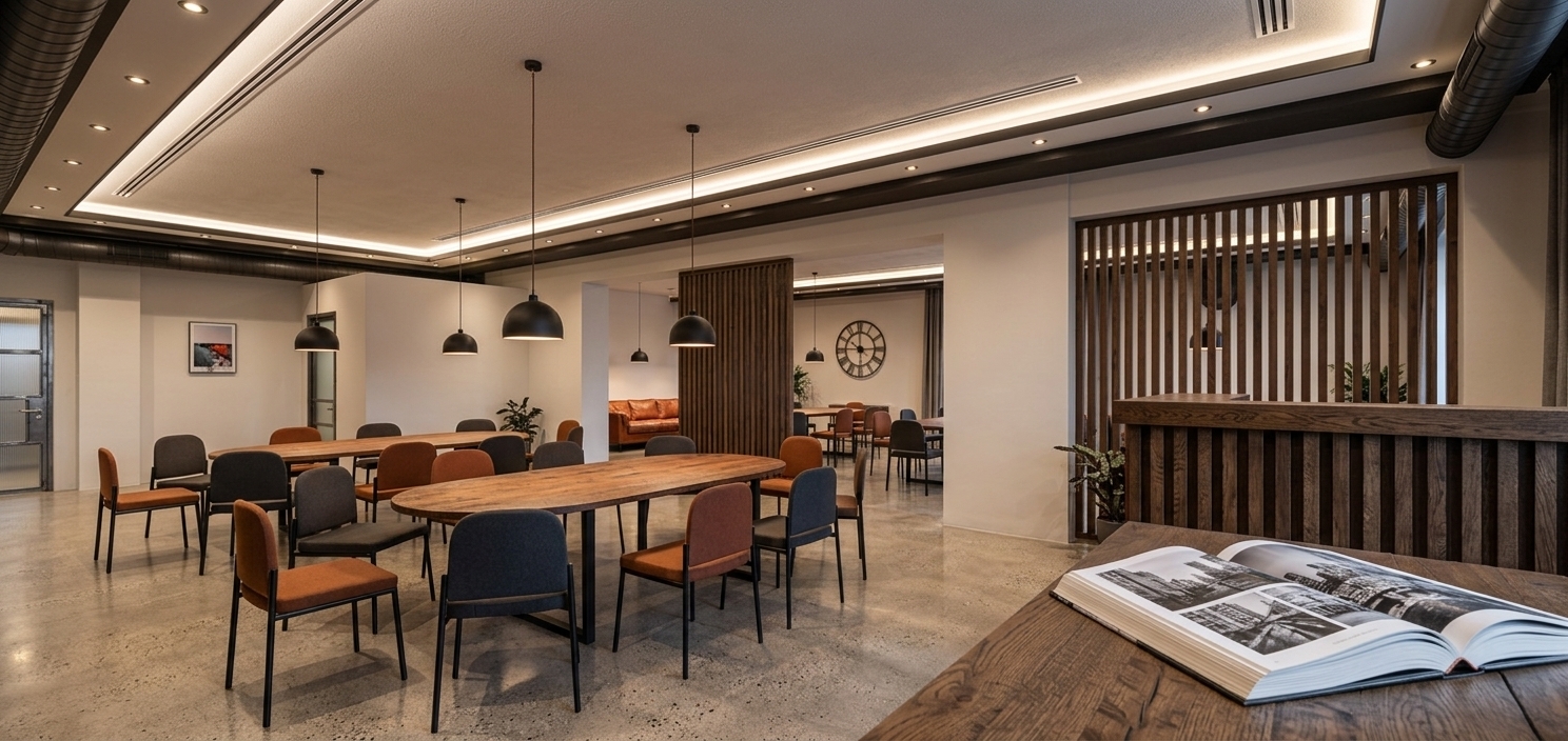 An incredibly lifelike, richly detailed, photorealistic wide-angle interior photograph of a spacious dining and communal lounge set in a modern industrial loft transformed into an urban coworking space. The scene is illuminated by warm, soft light emanating from matte-black dome pendant lamps suspended over the tables and subtle recessed ceiling spotlights, creating an inviting, sophisticated, and productive atmosphere. Captured with a professional full-frame camera fitted with a wide-angle lens, emphasizing the raw architectural textures of seamless polished concrete flooring, exposed iron ceiling beams, and industrial ductwork along the perimeter soffit. To the right in the foreground, a slatted timber reception counter crafted from dark reclaimed oak holds a thick, elegant photography book on its surface. Long, oval work tables featuring textured rust-toned reclaimed wood tops on sturdy black metal frames are surrounded by sleek, ergonomic chairs upholstered in deep charcoal gray and warm rust-orange fabric. Vertical wood-slat partition screens artfully divide the open-concept room, while in the background depth, a large vintage iron wall clock anchors the space alongside a cozy lounge nook furnished with a supple, distressed rust-leather sofa, beautifully fulfilling the warehouse-inspired, repurposed architectural aesthetic.