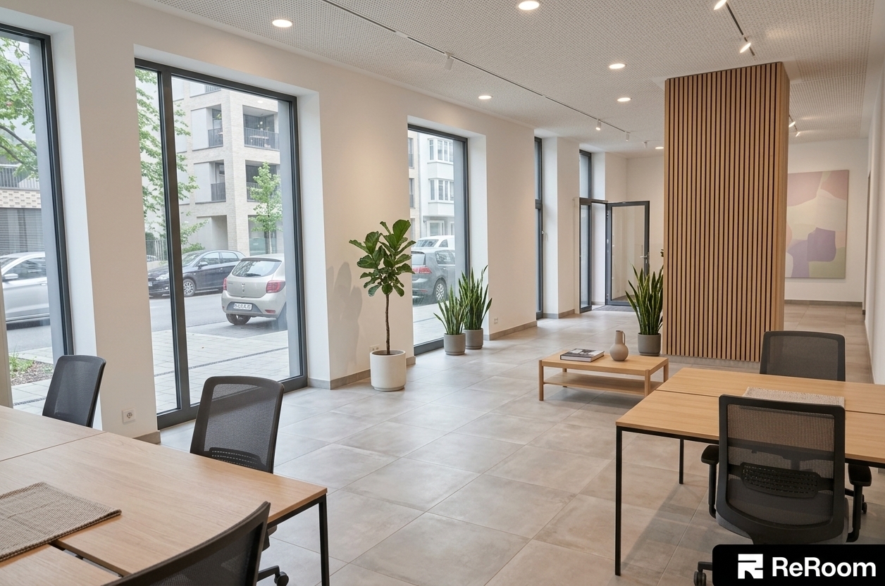 An incredibly lifelike, richly detailed, photorealistic wide-angle interior photograph of a minimalist coworking space set in a tranquil urban office interior. The scene is illuminated by soft, diffused morning daylight pouring through expansive floor-to-ceiling windows complemented by warm recessed ceiling spotlights, creating a serene, uncluttered, and highly focused atmosphere. Captured with a 24mm tilt-shift lens, emphasizing the matte light oak grains, brushed steel frames, smooth micro-cement flooring, and subtle textile weaves. 

The open-plan layout transforms the spacious room into a streamlined Zen-inspired haven. Sleek pale oak communal desks with ultra-thin black metal legs are symmetrically arranged alongside ergonomic charcoal gray mesh chairs, maintaining completely clutter-free surfaces. Against the main white wall hangs a grand, muted abstract wall art canvas featuring soft pastel tones of blush pink, pale sage, and gentle lavender against a cool gray background. The central structural column is elegantly wrapped in vertical oak wood slats, surrounded by a low-profile lounge area featuring a simple, low wooden coffee table neatly adorned with a curated photography book and a single ceramic vase. Lush indoor plants, including a slender fiddle-leaf fig and potted snake plants in matte white stoneware planters, bring natural vitality into the monochromatic space. Outside the clear architectural glass, the quiet street view adds depth while remaining secondary to the harmonious, elegant, and functional sanctuary within.