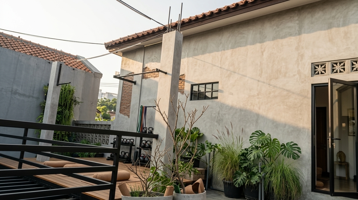 An incredibly lifelike, richly detailed, photorealistic wide-angle architectural photo of a renovated rooftop industrial loft redesigned as an open-air yoga and gym studio set in a tranquil urban sanctuary. The scene is illuminated by soft, golden early morning sunlight filtering through minimalist black-framed pergolas, creating a tranquil yet motivating atmosphere. Captured with a 35mm f/2.8 architectural lens, emphasizing the contrast between raw concrete pillars, warm teak wooden decking, matte black steel railings, and lush green textures. 

The original worn walls are upgraded into polished micro-cement finishes accented by subtle industrial brickwork, while the concrete column is transformed into a sleek structural feature holding a suspended pull-up station. The outdoor space functions seamlessly as a dual-purpose wellness deck: one side features rolled-up cork yoga mats and meditation bolsters on smooth timber flooring, while the adjacent gym zone is equipped with neatly arranged matte-black kettlebells, resistance bands, and custom weight racks. Encircling the entire space is a vibrant outdoor garden filled with potted monstera, tall ornamental grasses, and cascading vertical foliage that seamlessly blends modern exercise culture with a soothing natural environment.