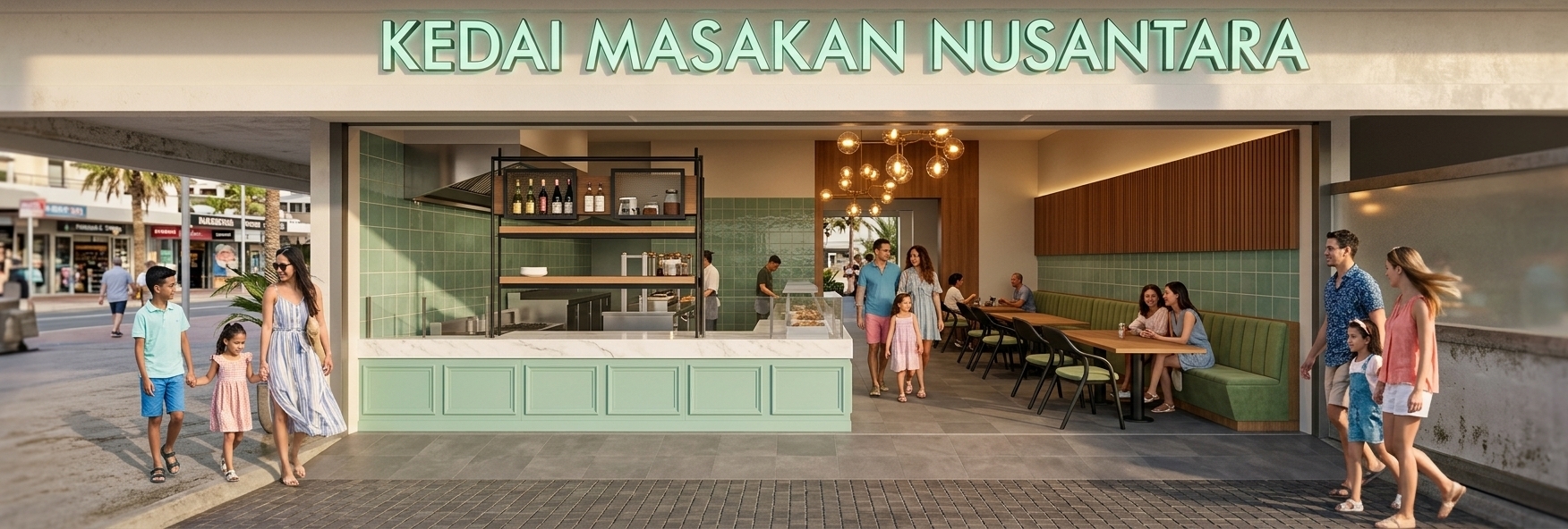 An incredibly lifelike, richly detailed, photorealistic wide-angle exterior-to-interior render of a modern restaurant facade, "Kedai Masakan Nusantara", set in a bustling coastal urban promenade. The scene is illuminated by warm golden hour sunlight streaming in from the open storefront combined with a soft, ambient interior glow, creating a lively and inviting atmosphere. Captured with a 24mm tilt-shift architectural lens, emphasizing glossy seafoam green tiles, polished white marble, and rich vertical wood slat textures...

At the entrance, a diverse group of stylish families and friends in casual attire walk together, laughing and interacting as they step inside to dine. The open-front design seamlessly connects the outdoor walkway to the interior. On the left, an open preparation counter features elegant mint green wainscoting panels topped with a sleek white marble counter, backed by a wall of glossy seafoam green square tiles, stainless steel kitchen fixtures, and hanging black metal display shelves. To the right, a cozy dining zone offers a long channel-tufted banquette paired with light wood tabletops and black-framed contemporary chairs set against a rich wood-slat feature wall. Above, modern brass sputnik globe chandeliers radiate a warm, sophisticated light across the matte gray floor tiles, while a gentle coastal breeze drifts through the wide-open entryway.