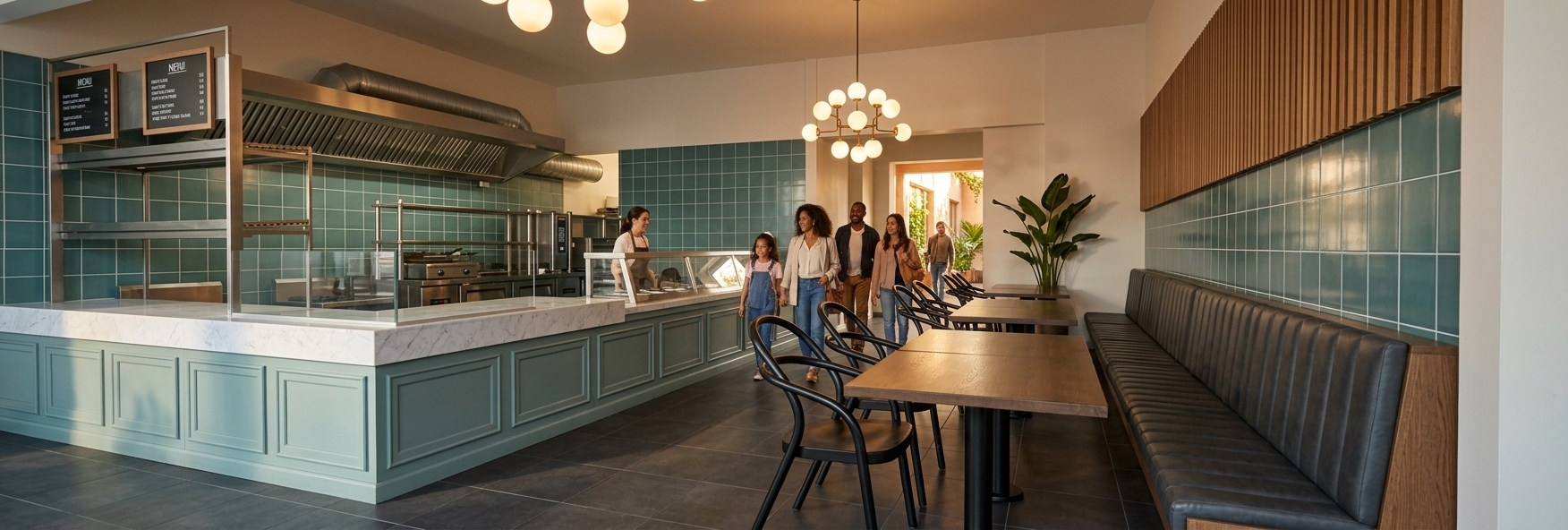 An incredibly lifelike, richly detailed, photorealistic wide-angle interior photograph of a modern restaurant set in a vibrant urban neighborhood. The scene is illuminated by golden hour natural light streaming softly through unseen front windows, complemented by the warm, atmospheric glow of mid-century frosted-glass globe chandeliers, creating an inviting, energetic mood. Captured with a professional 24mm tilt-shift lens, emphasizing the glossy finish of teal square wall tiles, the subtle veining of a polished white marble counter, and rich espresso wood textures. 

On the left, a sleek service bar clad in soft sage-teal wainscoting and topped with pristine marble houses state-of-the-art stainless steel kitchen equipment and warm display cases under an open commercial hood. To the right, a linear dining area features a plush, dark grey channeled leather banquette set against vertical wooden wall paneling, complemented by minimalist dark oak tables and classic black bentwood chairs. A diverse group of stylishly dressed patrons and happy families stroll through the space, interacting and smiling as they head toward the ordering station. The deep spatial perspective guides the eye along smooth charcoal floor tiles toward a sunlit rear hallway, capturing a harmonious balance between contemporary bistro design and lively, welcoming hospitality.