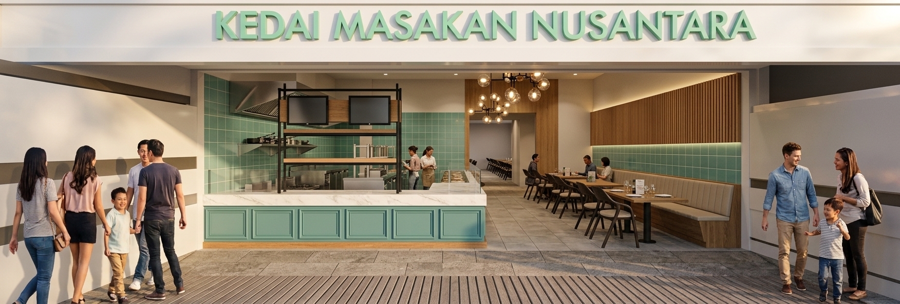 An incredibly lifelike, richly detailed, photorealistic wide-angle eye-level shot of the open-concept storefront of "KEDAI MASAKAN NUSANTARA" set in a vibrant urban dining quarter. The scene is illuminated by warm, golden hour sunlight streaming across the entryway complemented by soft ambient interior light, creating a welcoming, bustling, and sophisticated atmosphere. Captured with a 24mm tilt-shift architectural lens, emphasizing the glossy mint-teal square tiles, vein-patterned white marble countertops, rich natural oak wall paneling, and tactile dark chair frames. Above the expansive open entrance, crisp mint-green 3D lettering stands out against a polished white fascia. On the left, the food preparation bar features smooth white marble tops with classic teal-framed lower panels, set beneath a black metal overhead rack and sleek stainless-steel kitchen fixtures. To the right, a stylish dining layout boasts a long, continuous beige upholstered banquette accented by vertical wooden slats and teal wall tiles, paired with dark wood dining chairs and minimalist square tables. A diverse, lively group of casually dressed patrons and happy families walk toward the entrance, interacting and smiling as they step inside, while modern multi-globe chandelier lights overhead add a warm, inviting glow throughout the minimalist haven.