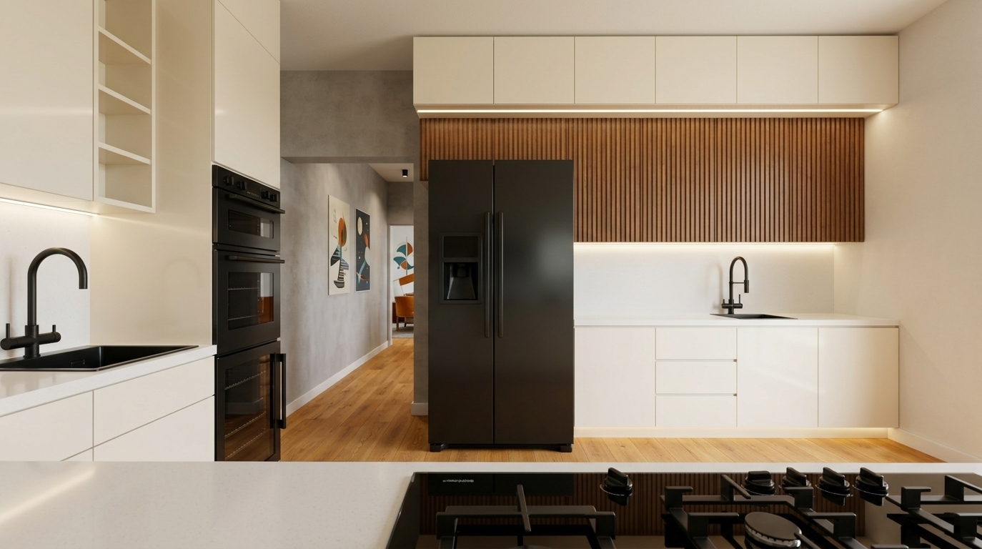An incredibly lifelike, richly detailed, photorealistic wide-angle interior shot of a retro-futuristic kitchen set in a streamlined modern residence. The scene is illuminated by bright, diffused midday light paired with sleek under-cabinet LED strip lighting, creating a warm, nostalgic, and subtly sci-fi atmosphere. Captured with a professional 24mm tilt-shift lens, emphasizing smooth lacquered cabinet fronts, fluted upper cabinet textures, matte black fixtures, and reflective glass surfaces, the spatial composition balances clean geometric lines with functional elegance. In the foreground, a sleek black glass gas cooktop rests on a pristine white countertop, looking out toward twin culinary zones featuring dual built-in ovens, a tall side-by-side refrigerator, and matte black gooseneck faucets. Warm honey-oak plank flooring leads the eye past smooth concrete-textured hallway walls into adjacent spaces, bringing a harmonious blend of mid-century warmth and futuristic space-age design to life.