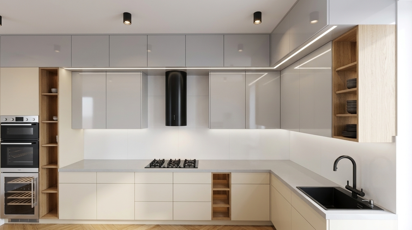 An incredibly lifelike, richly detailed, photorealistic eye-level interior photo of a streamlined L-shaped kitchen set in a stylish retro-futuristic home. The scene is illuminated by ambient midday light blended with warm, continuous under-cabinet LED strips and modern black ceiling spotlights, creating a cozy yet space-age atmosphere. Captured with a 24mm architectural lens, emphasizing glossy pastel finishes, polished metallic textures, and clean geometric lines. The cabinetry features a two-tone arrangement of smooth pastel-cream lower units and high-gloss light-gray upper doors. Centered above the integrated black gas cooktop sits a striking black cylindrical range hood that anchors the space. On the left, a tall vertical housing cleanly integrates a double oven and wine fridge alongside open display shelves, while the right counter integrates a flush black basin and a sleek matte-black gooseneck faucet against a pristine backsplash, all resting above warm, light oak flooring.