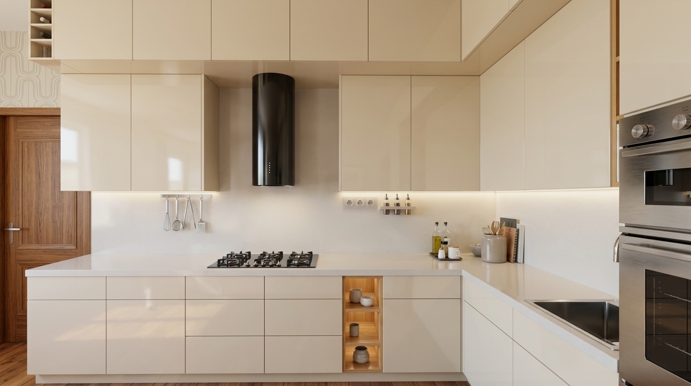 An incredibly lifelike, richly detailed, photorealistic wide-angle interior photograph of a streamlined kitchen set in a retro-futuristic apartment. The scene is illuminated by crisp midday ambient light blended with soft under-cabinet illumination, creating a nostalgic, space-age atmosphere. Captured with a 35mm architectural lens, emphasizing glossy pastel-cream cabinetry, reflective metallic surfaces, and polished light quartz countertops. The space-age aesthetic is defined by clean geometric lines and a striking black cylindrical range hood that acts as a bold sci-fi centerpiece above the integrated gas cooktop. High-gloss finish on the upper and lower cabinets creates subtle reflections, while a rich wood-grain door on the left provides a mid-century accent to the warm hardwood flooring. The immaculate counter space is thoughtfully adorned with streamlined kitchen utensils, sleek glass dispensers, and stylized cooking accessories, perfectly encapsulating a sleek, vintage sci-fi vision of home design.