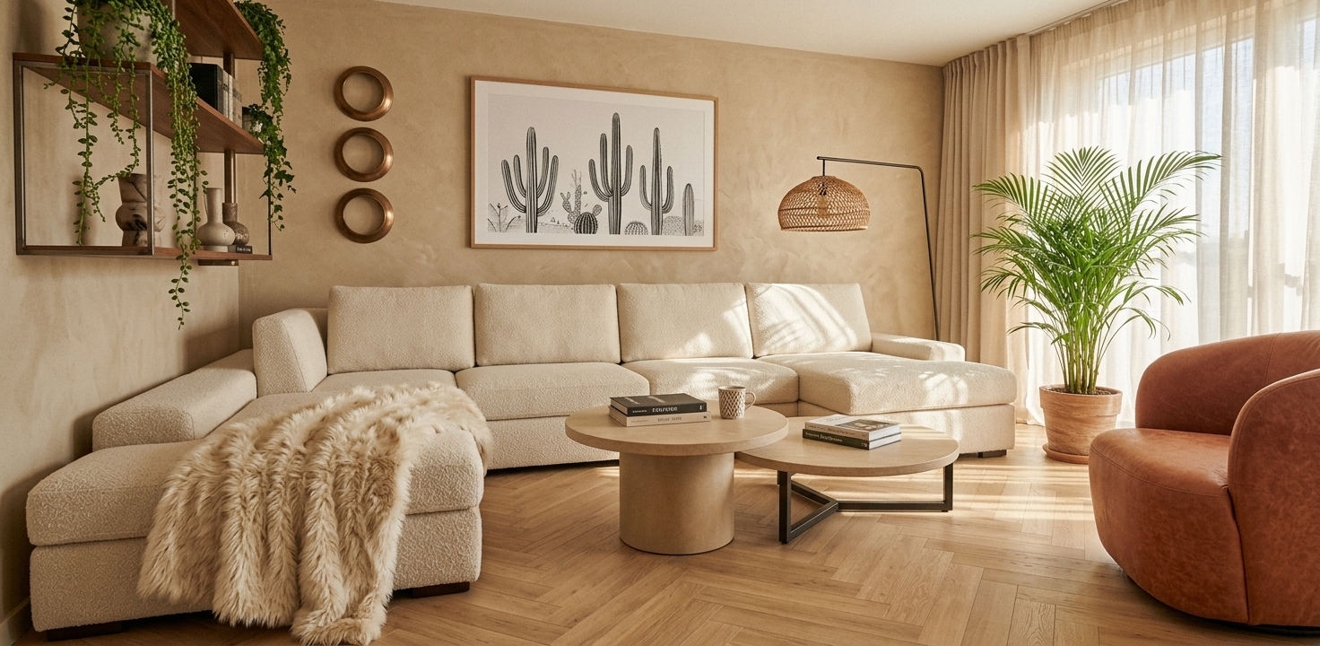 An incredibly lifelike, richly detailed, photorealistic wide-angle interior photo of a serene living room set in a luxurious desert retreat. The scene is illuminated by bright midday spring sunlight filtering through delicate, floor-to-ceiling sheer curtains, creating a tranquil, warm atmosphere. Captured with a 35mm lens, emphasizing the rich tactile textures of sand-colored plaster walls, woven rattan, and soft bouclé upholstery. The reimagined space showcases textured sand-colored walls (*ściany koloru piaskowego*) anchored by a striking, minimalist framed artwork depicting desert cacti (*obraz kaktusy*) above a sprawling cream bouclé sectional sofa. A handcrafted wicker lamp (*lampa wiklinowa*) brings an organic, artisanal element to the lighting design, casting gentle textures across the light oak herringbone flooring. Sculptural round nesting coffee tables, a warm terracotta-toned accent chair, and lush potted greenery complete this sophisticated, earth-inspired sanctuary, perfectly balancing modern organic elegance with the relaxed warmth of a desert landscape.