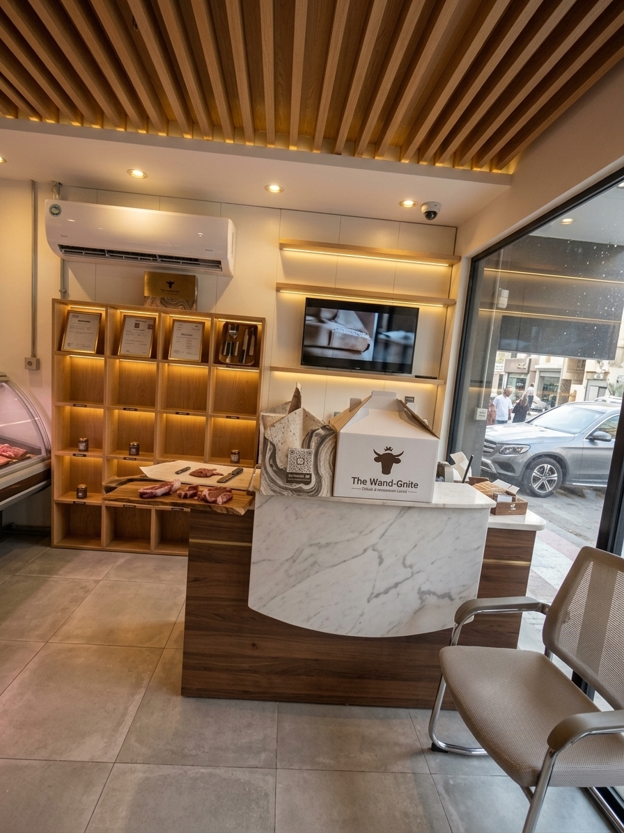 An incredibly lifelike, richly detailed, photorealistic wide-angle interior shot of a high-end Scandinavian sanctuary-inspired boutique butcher and espresso lounge set in an elegant urban storefront. The scene is illuminated by golden warm LED strip lighting integrated into modern floating cabinetry and soft ambient spotlights, creating an inviting, serene, and sophisticated atmosphere. Captured with a 24mm f/2.8 architectural lens, emphasizing rich oak wood grain textures, polished marble counter surfaces, and glowing warm lighting details.

The back wall has been transformed from the traditional grid shelf into a sleek, minimalist feature wall rendered in smooth matte off-white with custom floating light-oak shelving. Embedded within these floating shelves, subtle golden LED backlighting casts a soft, luxurious glow, highlighting meticulously arranged brass-framed certificates. A high-definition, bezel-less flat-screen TV is seamlessly mounted flush on the feature wall alongside the shelves, displaying subtle artisanal videos. 

Preserving the original character, the rhythmic warm wood slatted ceiling overhead remains unchanged, alongside the wall-mounted white air conditioning unit and the strategically positioned CCTV camera in the corner. Below, the front counter is elevated with a smooth white marble face with subtle gray veining, framed by dark walnut paneling, seamlessly bridging the gap between an exclusive boutique meat market and an elevated Scandinavian coffee sanctuary.