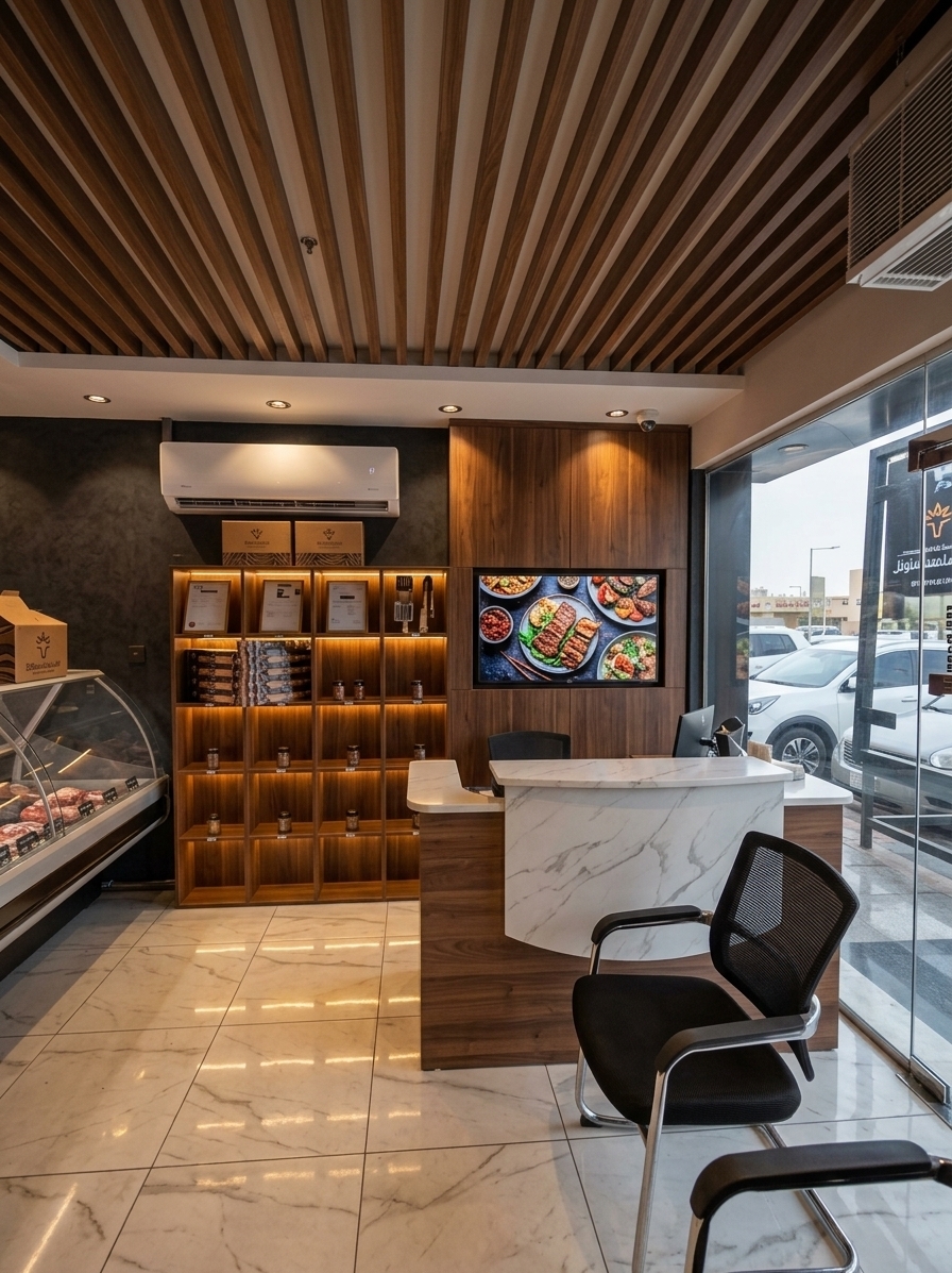 An incredibly lifelike, richly detailed, photorealistic wide-angle interior photo of an artisanal boutique butcher shop set in a high-end commercial retail space. The scene is illuminated by warm, concealed accent lighting paired with soft daylight filtering through the expansive glass storefront, creating a refined, contemporary elegance atmosphere. Captured with a 24mm tilt-shift lens on a full-frame camera, emphasizing the rich wood grain textures, polished stone surfaces, and clean architectural lines.

In this elevated redesign, the plain white tiled rear wall is transformed into a seamless, dark charcoal textured feature wall that conceals all exposed wiring for an ultra-sleek, minimalist backdrop. The original simple bookshelf is replaced by a bespoke floor-to-ceiling wall cabinet system crafted from deep walnut wood, featuring warm LED-strip backlit alcoves to display premium dry-rub spices and accessories. Seamlessly embedded into the center of this custom cabinet feature is a sleek, ultra-thin 55-inch flush-mounted digital TV displaying vibrant, high-definition culinary visuals. All other key elements—including the warm slatted timber ceiling, polished marble-effect tile floor, modern glass display case, and the signature white-and-wood curved reception desk—remain perfectly in place, creating a harmonious balance between everyday retail functionality and upscale modern luxury.