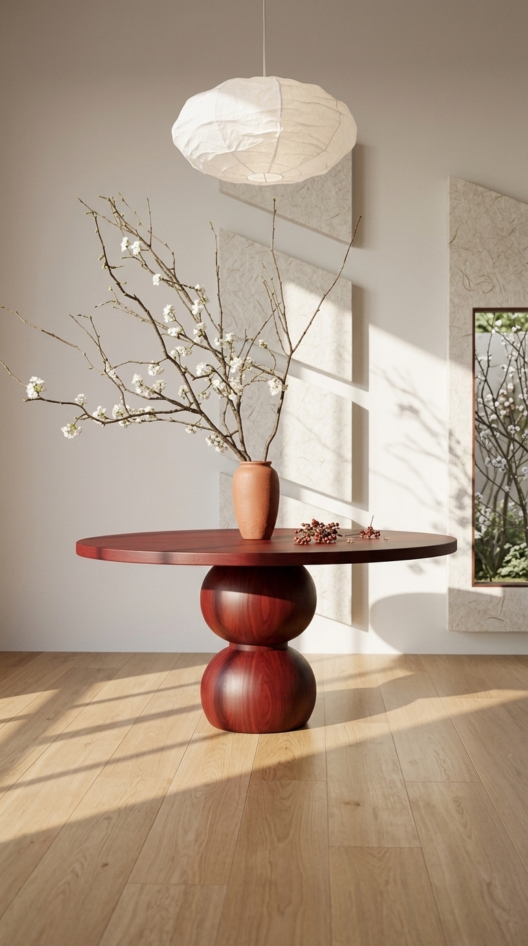 An incredibly lifelike, richly detailed, photorealistic eye-level interior shot of a serene Japanese Zen dining room set in a minimalist modern sanctuary. The scene is illuminated by bright spring midday sunlight filtering soft geometric light and shadows across the space, creating a peaceful, harmonious, and meditative atmosphere. Captured with a professional 50mm f/2.8 lens, emphasizing the tactile textures of smooth wood grains, organic paper, and natural light interplay. 

The centerpiece is the sculptural round dining table, now reimagined in a deep, luxurious red-toned hardwood with subtle cherry undertones, retaining its iconic stacked spherical pedestal base. Resting on its rich red surface is the terracotta ceramic vase holding delicate white spring blossoms on slender branches, accompanied by a few scatterings of winterberries. Floating effortlessly directly above the table is an ethereal, organic white cloud pendant lamp crafted from textured paper, casting a soft ambient glow. The ground is transformed with light oak hardwood flooring, featuring smooth, natural wood grain planks that reflect the light daylight and bring an inviting warmth to the balanced interior layout.