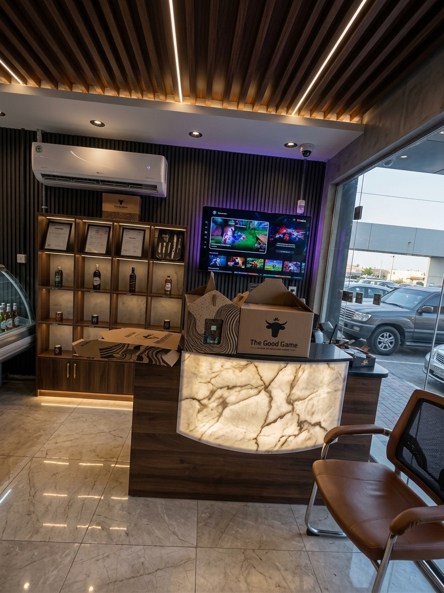 An incredibly lifelike, richly detailed, photorealistic wide-angle interior shot of an upscale gaming lounge reception area set in a high-end modern entertainment suite. The scene is illuminated by subtle RGB backlighting paired with warm, recessed architectural spotlights, creating a sophisticated and immersive atmosphere. Captured with a 35mm f/1.8 lens, emphasizing the deep textures of dark wood slatted walls, reflective polished marble floor tiles, and polished metal accents.

In this reimagined space of contemporary elegance, the background wall is transformed with acoustic charcoal wood slats and integrated LED light strips. Centered prominently on the wall is a sleek 75-inch wall-mounted OLED TV displaying dynamic, high-definition gaming graphics. Below it sits a low-profile custom dark walnut cabinet with brass handles and soft underside lighting to store high-tech gaming consoles neatly out of sight. The split-system air conditioner remains in its original position on the upper left wall, now smoothly integrated into the streamlined modern wall design. The reception desk is upgraded with a curved backlit translucent marble face and a dark quartz countertop, paired with ergonomic, high-end leather gaming chairs. Soft natural light filters through the large glass facade, seamlessly blending the sleek indoor tech setup with the refined external surroundings.