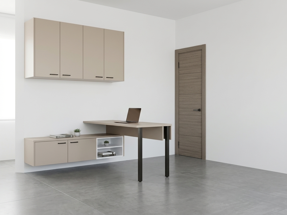 An incredibly lifelike, richly detailed, photorealistic wide-angle interior photo of a modern workspace set in a serene, minimalist study room. The scene is illuminated by soft, diffused natural daylight entering from the side, creating a calm, focused, and airy atmosphere. Captured with a professional 35mm architectural lens, emphasizing the smooth matte beige laminate, crisp white drawer accents, dark metal legs supporting both the desk and low cabinet, sleek black handles, and the tactile horizontal grain of the taupe wood door. The floating upper storage and integrated desk peninsula present clean, purposeful lines against pristine white walls, casting subtle, realistic shadows across the bright floor to complete this sophisticated home office haven.